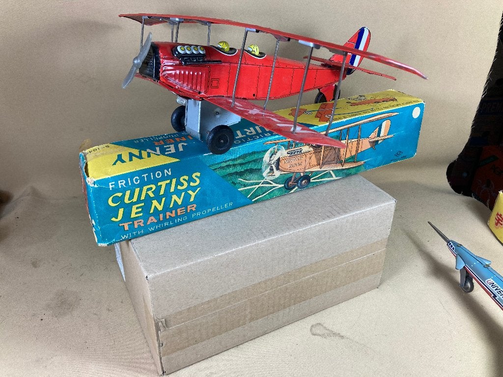 Blikken Frictian Curtiss Jenny Trainer met originele doos, Antiek en Kunst, Ophalen of Verzenden