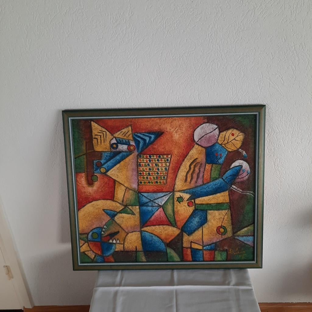 Vrolijk schilderij op vezeldoek B Long, Antiek en Kunst, Kunst | Schilderijen | Abstract, Ophalen