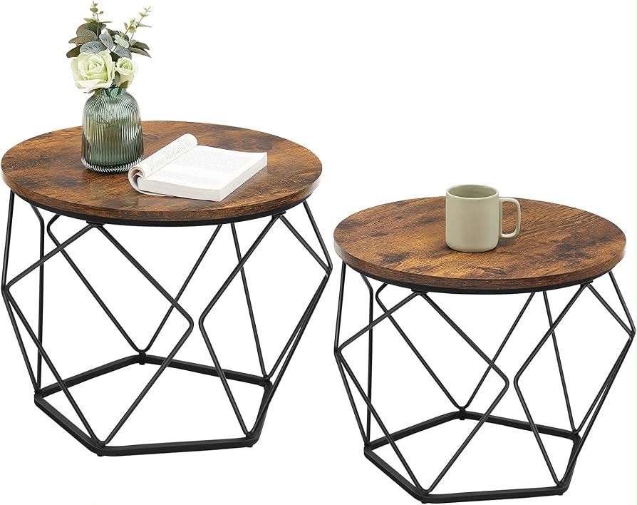 VASAGLE Salontafel Set van 2 Rond Industrieel Bruin Zwart, Ophalen of Verzenden, Nieuw, Rond, 50 tot 100 cm