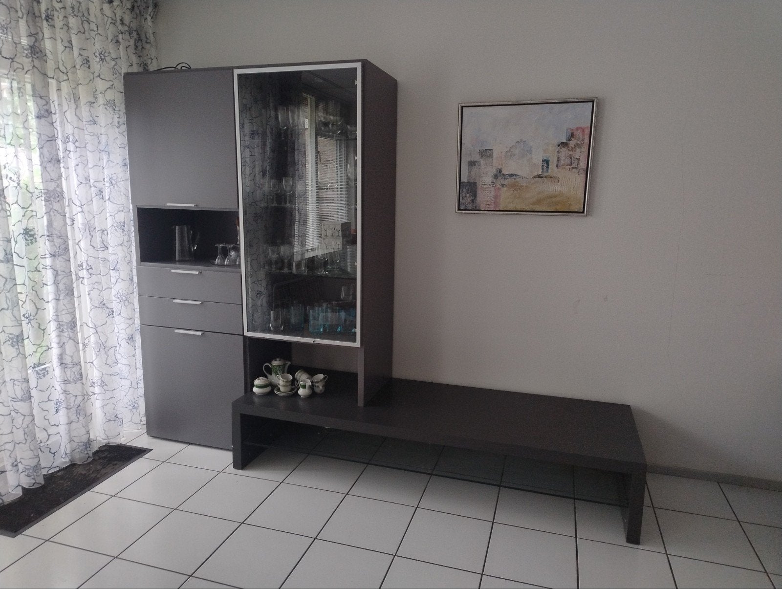Moderne dressoir met vitrinekast en opbergruimte, Ophalen, Gebruikt, Met deur(en), Glas