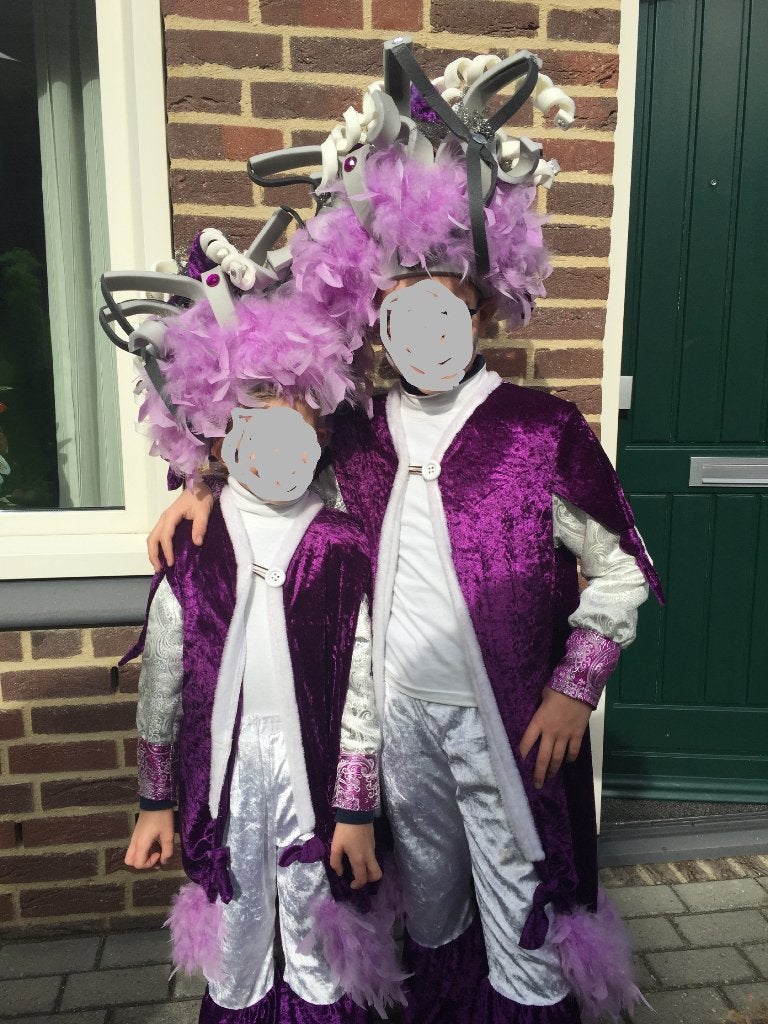 Twee kinderpakken in wit/paars met hoeden, Kleding | Dames, Ophalen of Verzenden, Gedragen, Carnaval, Kleding