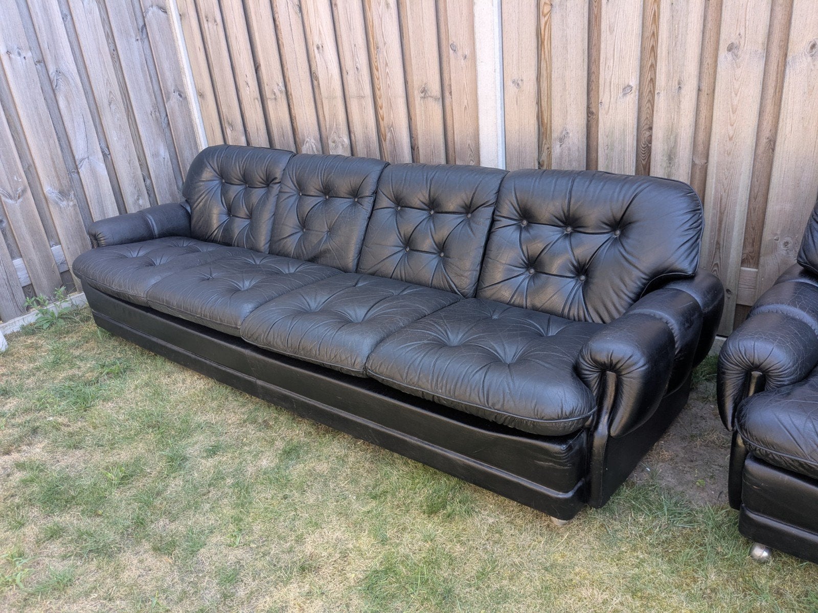 vintage lederen 4 zits bankstel plus 2 fauteuils, Ophalen, Gebruikt, Vintage, Rechte bank
