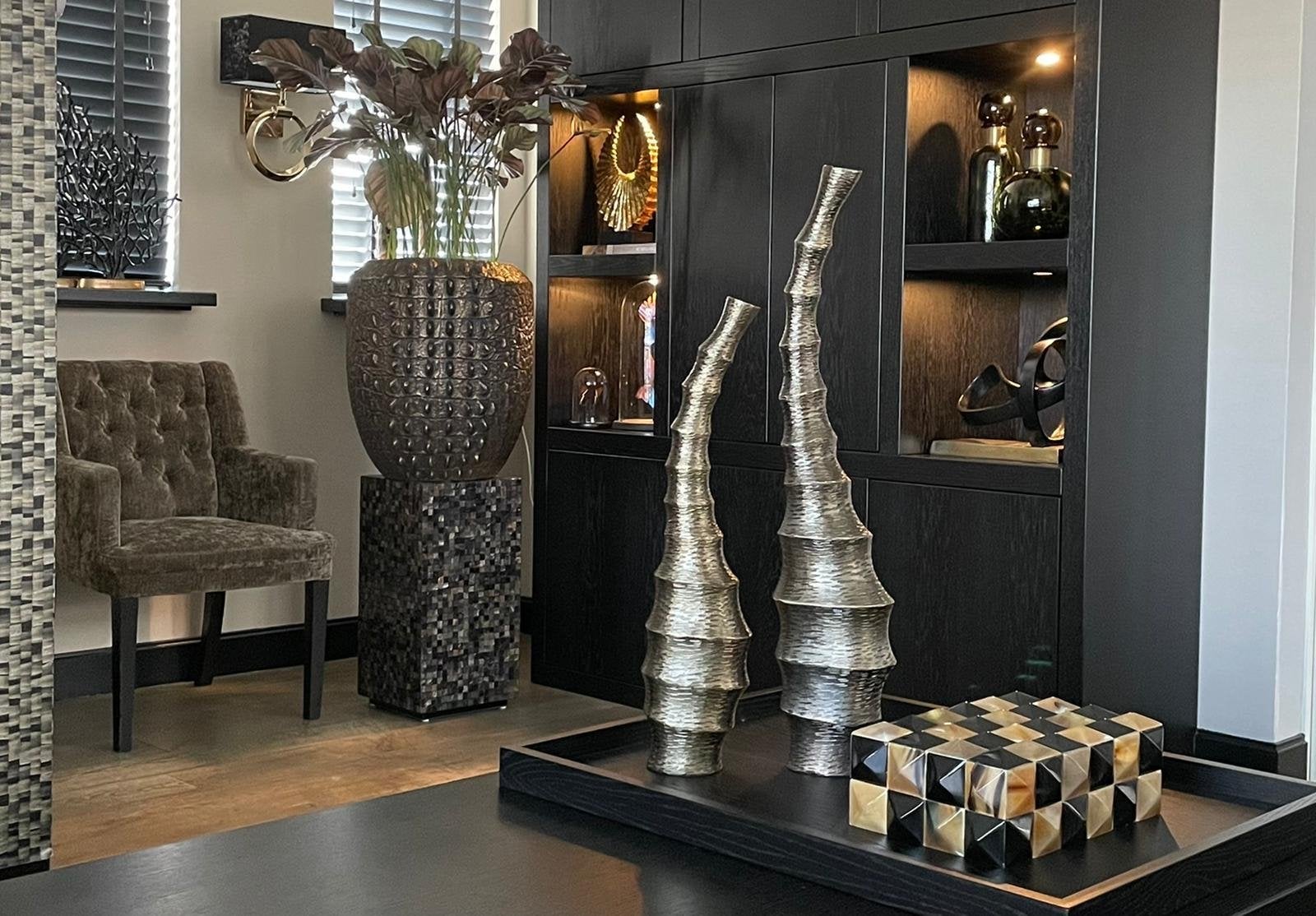 Set van 2 decoratieve hoornvazen goud/brons, Met patroon/structuur, Nieuw, Ophalen of Verzenden, Metaal