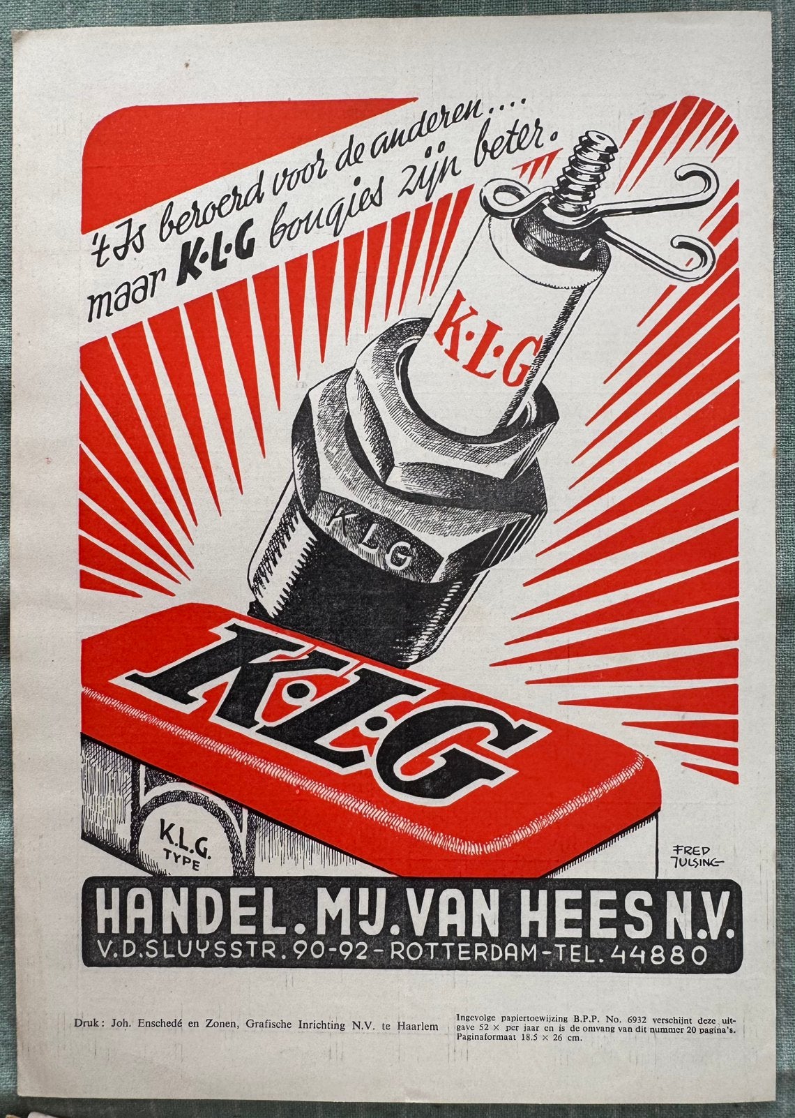 Advertentie KLG Bougies Fred Julsing, Verzamelen, Verzenden, 1940 tot 1960, Nederland, Knipsel(s)