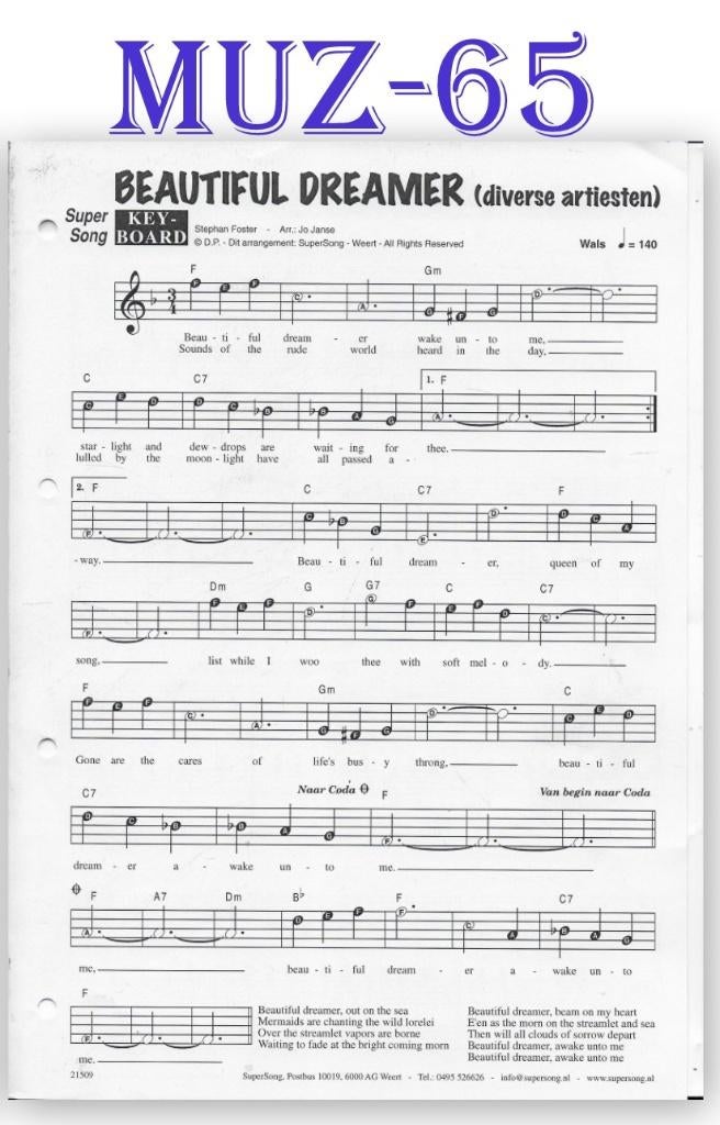 Muz65 Bladmuziek Super song beautiful Dreamer, Gebruikt, Ophalen of Verzenden, Artiest of Componist, Keyboard