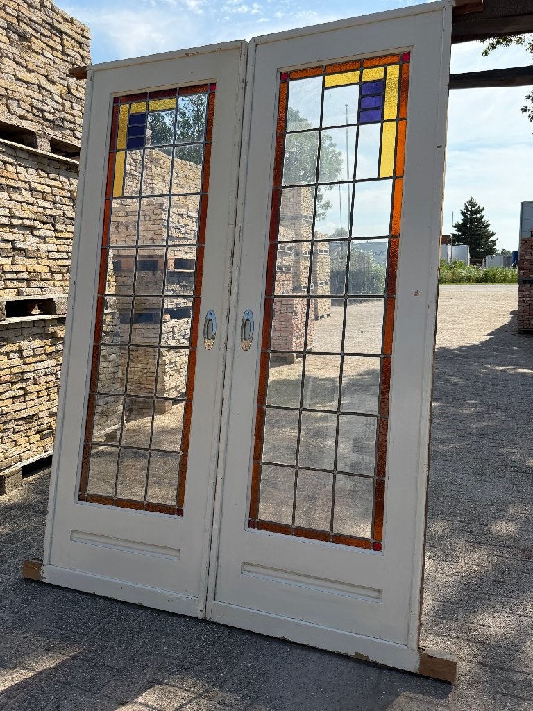Set schuif / en-suite deuren met glas in lood 211x144cm., Antiek en Kunst, Curiosa en Brocante, Ophalen