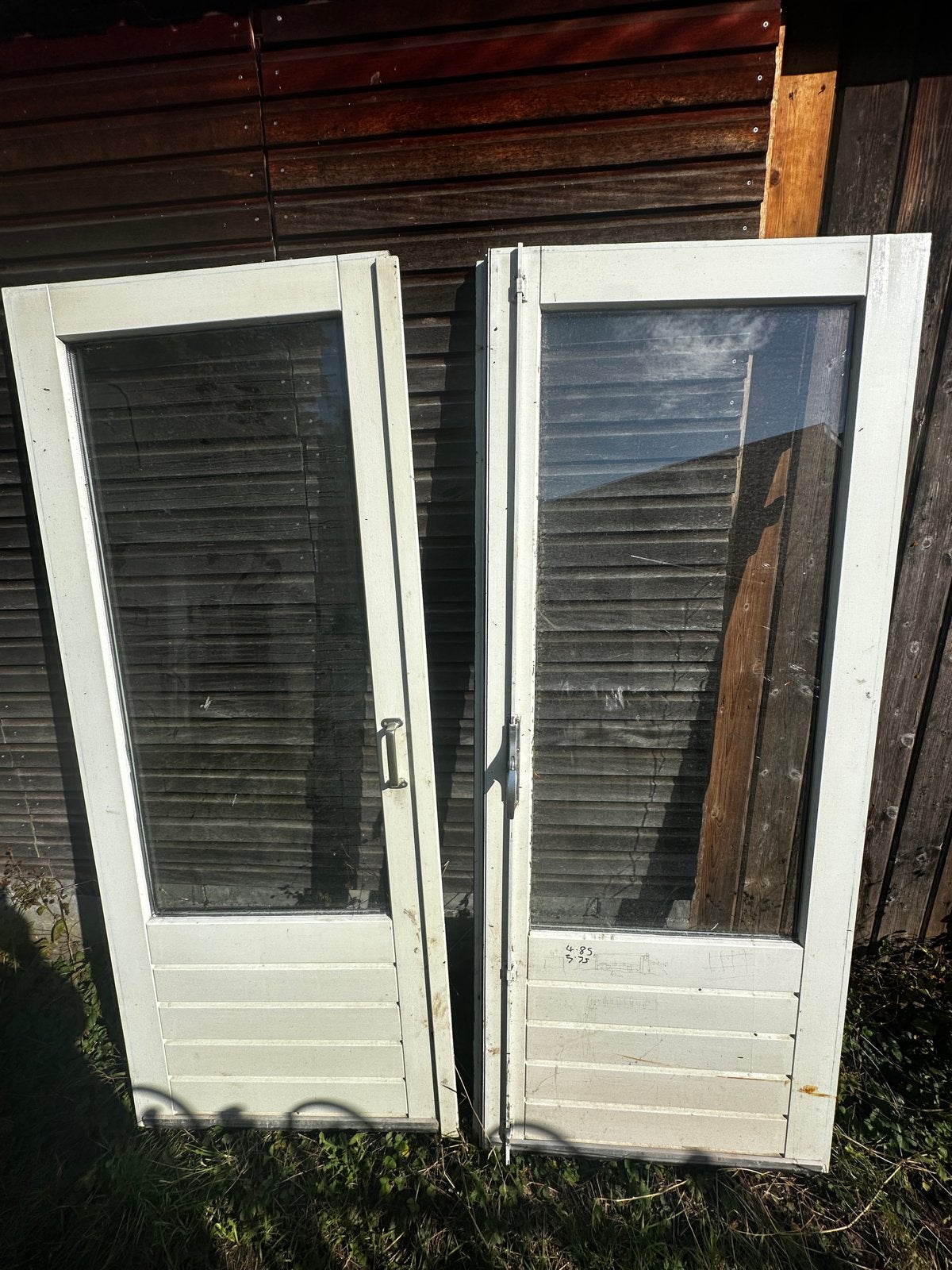 Set van 2 houten deuren met glas, groen en wit, Ophalen, Gebruikt, 120 cm of meer, Buitendeur