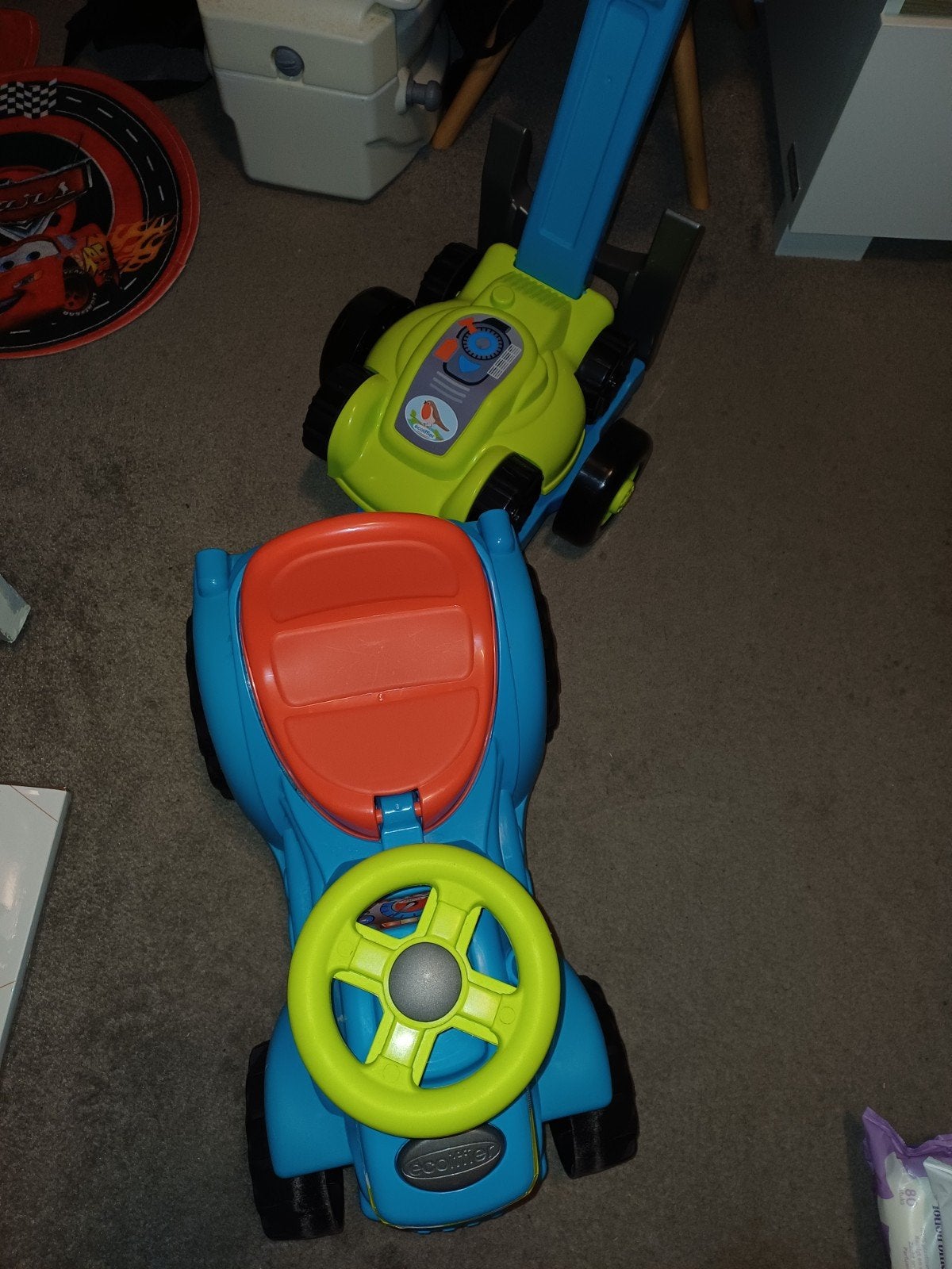 Leuke trekker loopauto met aanhanger en grasmaaier, Ophalen of Verzenden, Zo goed als nieuw, Loopvoertuig