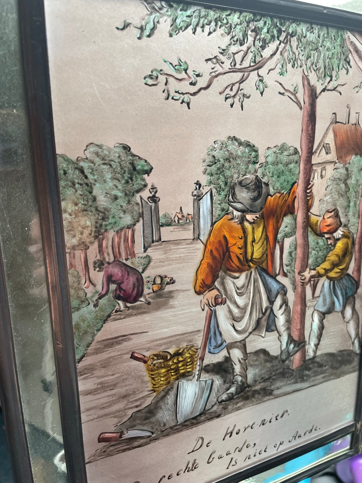Antiek Glas-in-lood paneel met handgeschilderde afbeelding, Ophalen of Verzenden