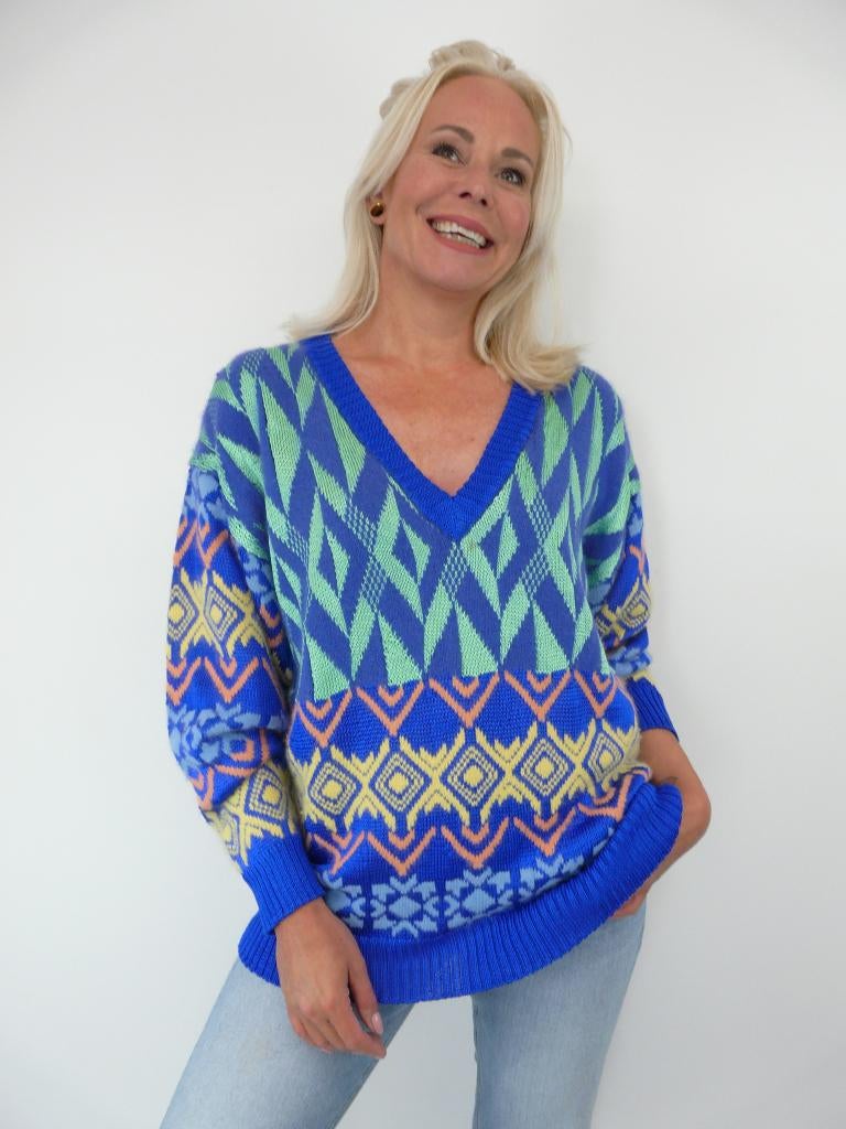 *Abfab Vintage Kleurrijke Zomertrui L*, Blauw, Maat 42/44 (L), Ophalen of Verzenden, Zo goed als nieuw