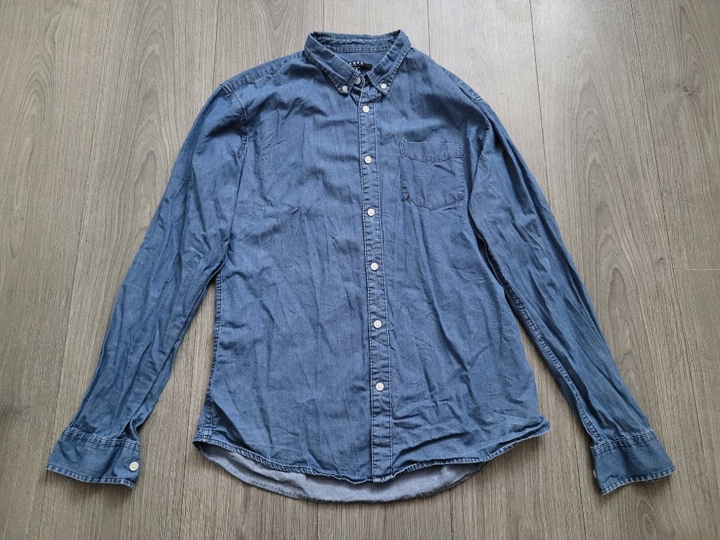 SMOG blauw spijker slim fit overhemd maat L ~ TH1015, Blauw, Zo goed als nieuw, Halswijdte 41/42 (L), Smog