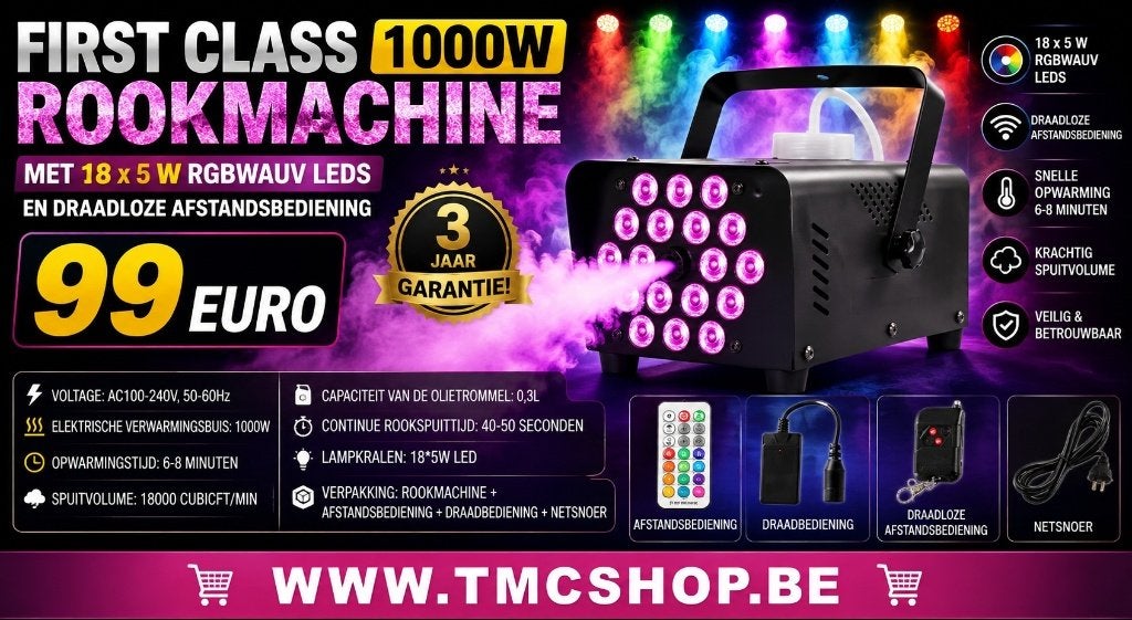 Nieuwe First Class 1000W Rookmachine met 18 x 5 W RGBWAUV, Ophalen of Verzenden, Nieuw, Complete set