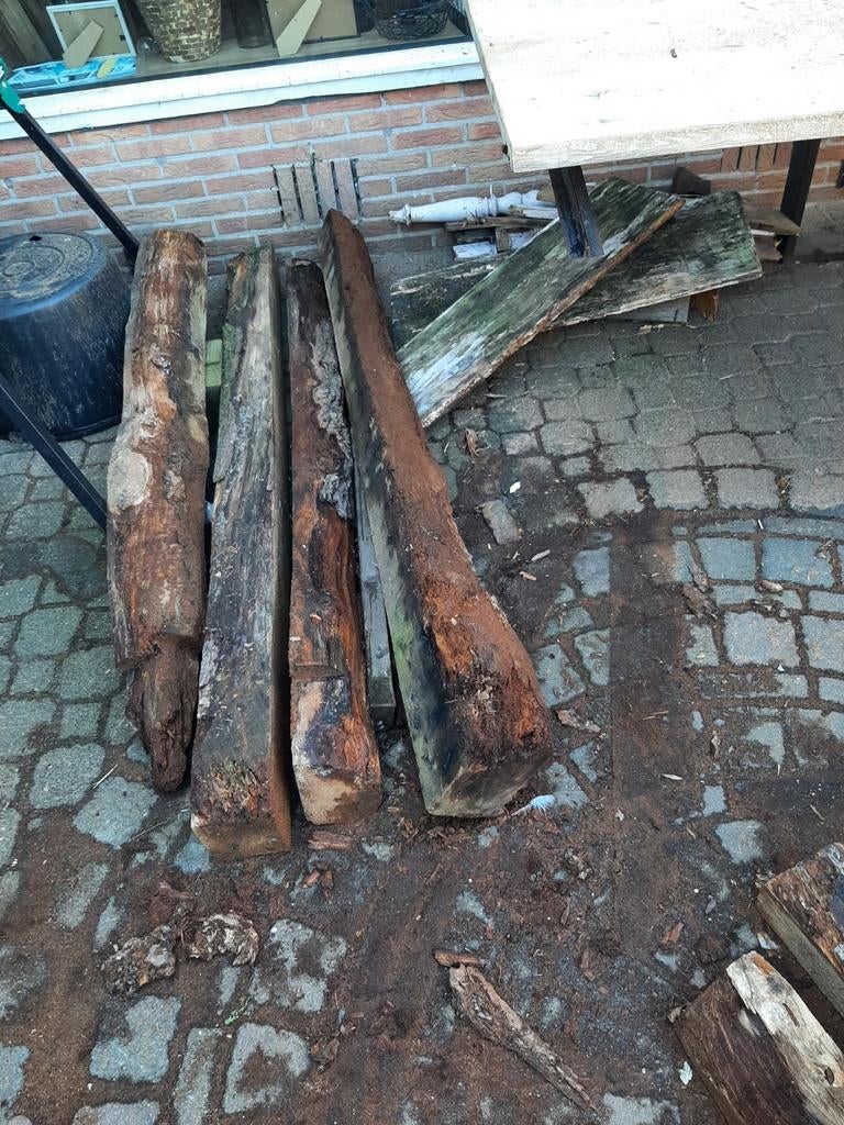 4 eiken gebinten balken, 180 cm lang, Gebruikt, Eiken, Ophalen of Verzenden, 50 mm of meer