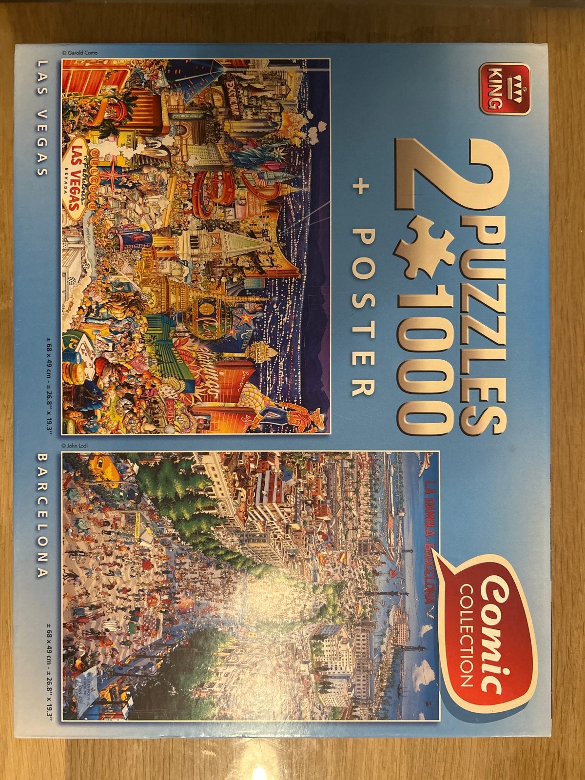 King 2x1000 stukjes puzzel Las Vegas & Barcelona, Ophalen of Verzenden, 500 t/m 1500 stukjes, Zo goed als nieuw, Legpuzzel