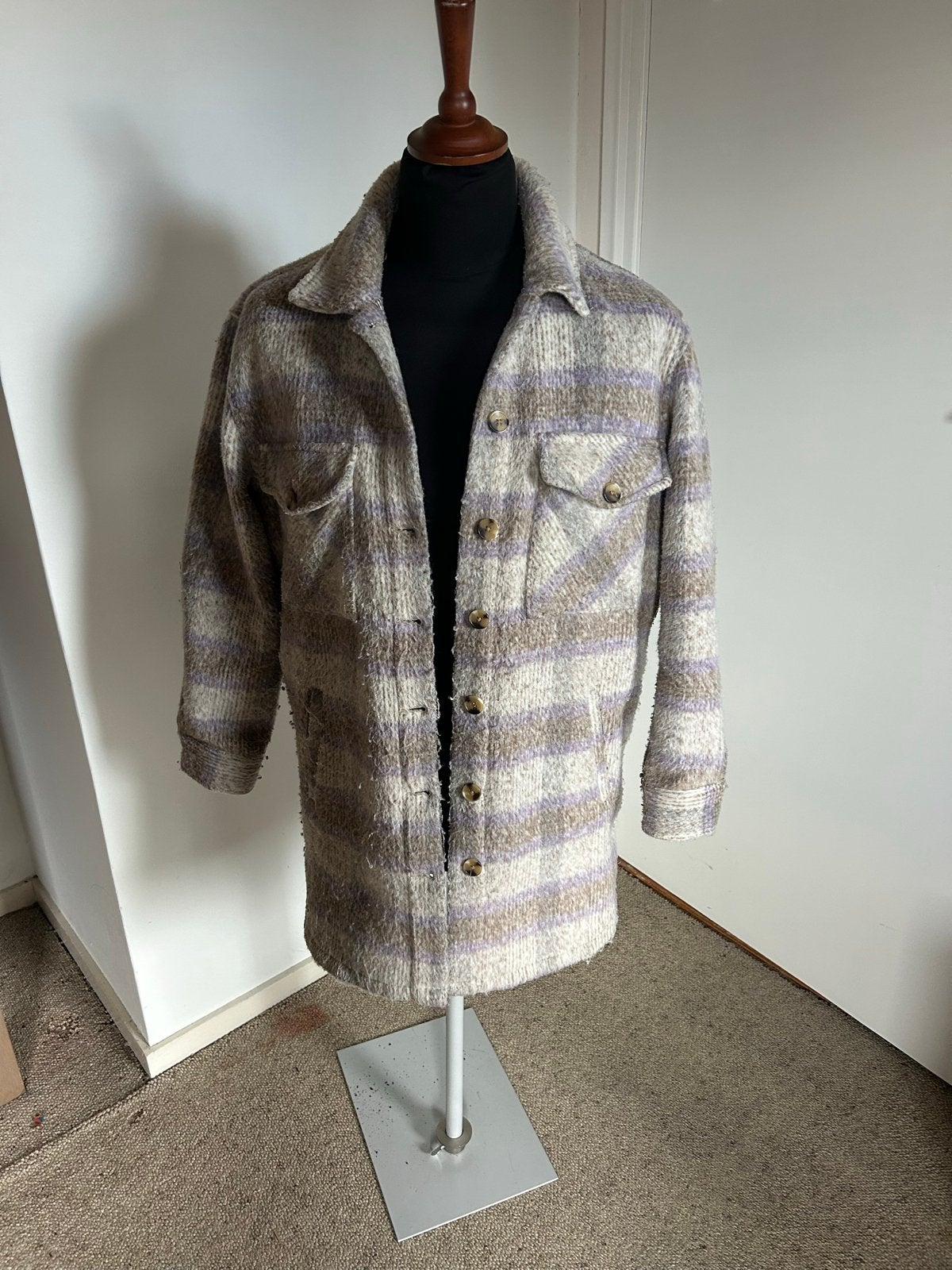 Geruite shacket in beige, paars en bruin, Verzenden, Zo goed als nieuw, Maat 42/44 (L), Beige