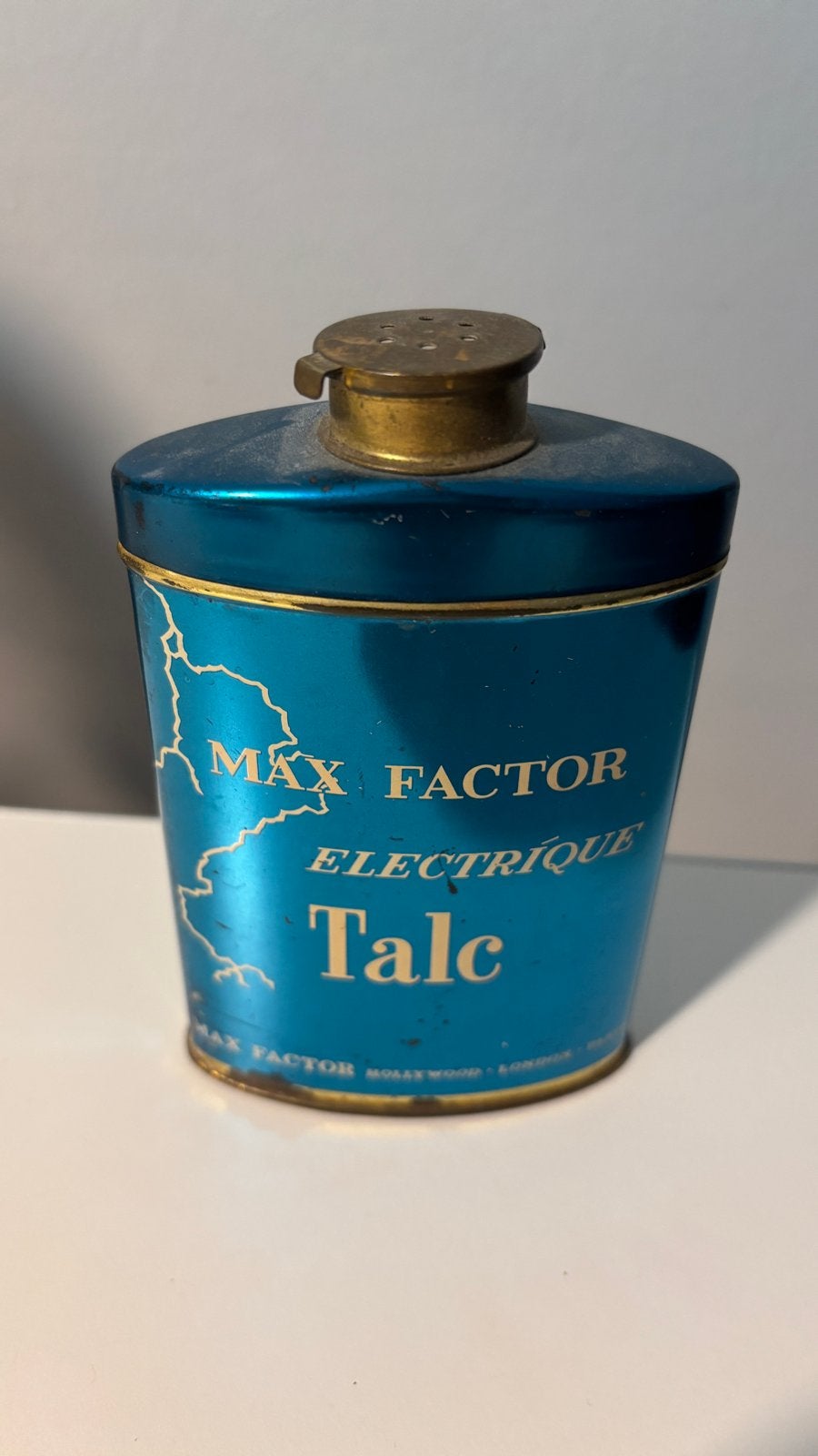 Vintage Max Factor Electrique Talc blikje, Verzamelen, Ophalen of Verzenden, Gebruikt, Overige