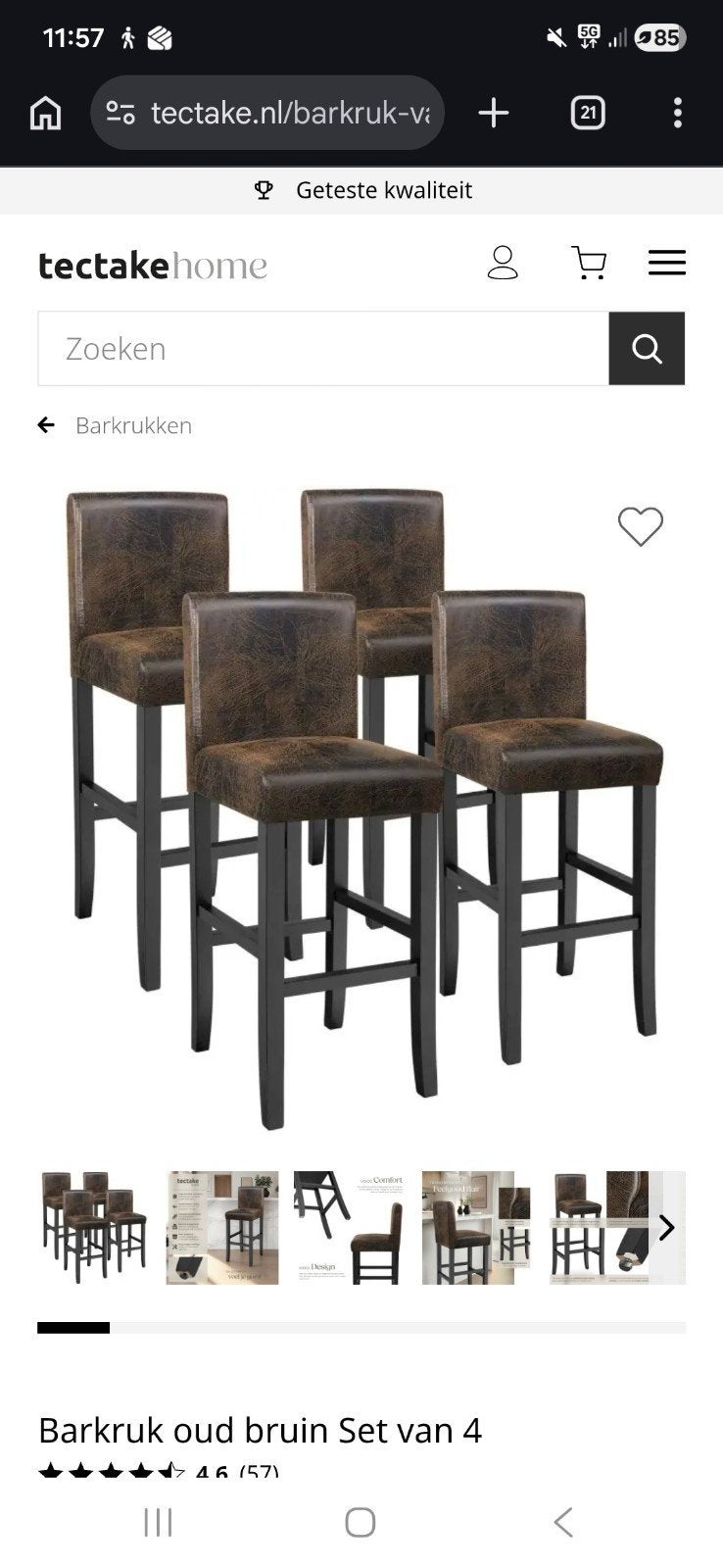 Set van 4 barkrukken - Oud bruin nieuwstaat, Ophalen, Zo goed als nieuw, 90 cm of meer, 4 krukken