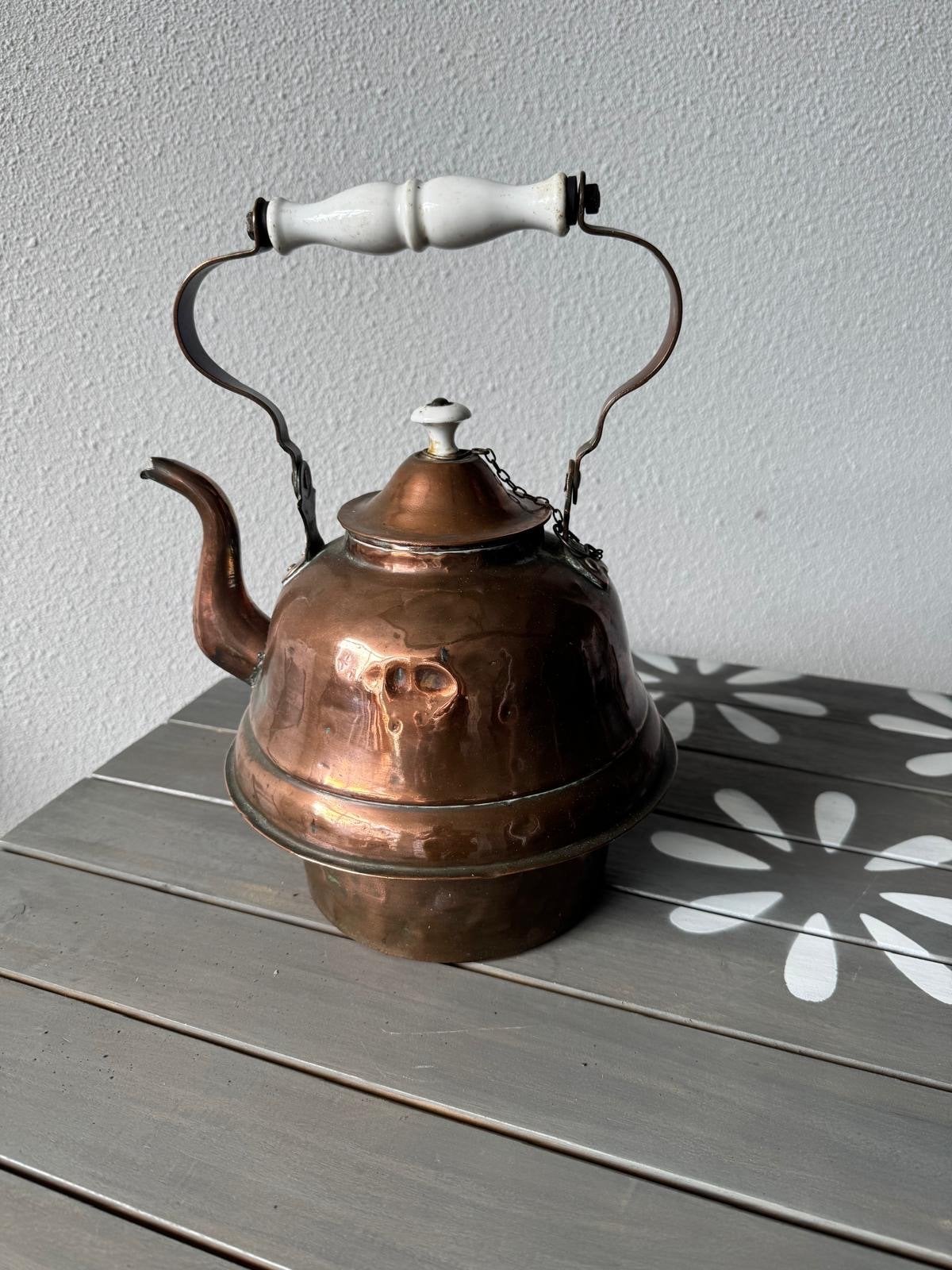 Antieke Roodkoperen Zakketel met Porseleinen Handvat, ca. 19, Antiek en Kunst, Ophalen of Verzenden, Koper