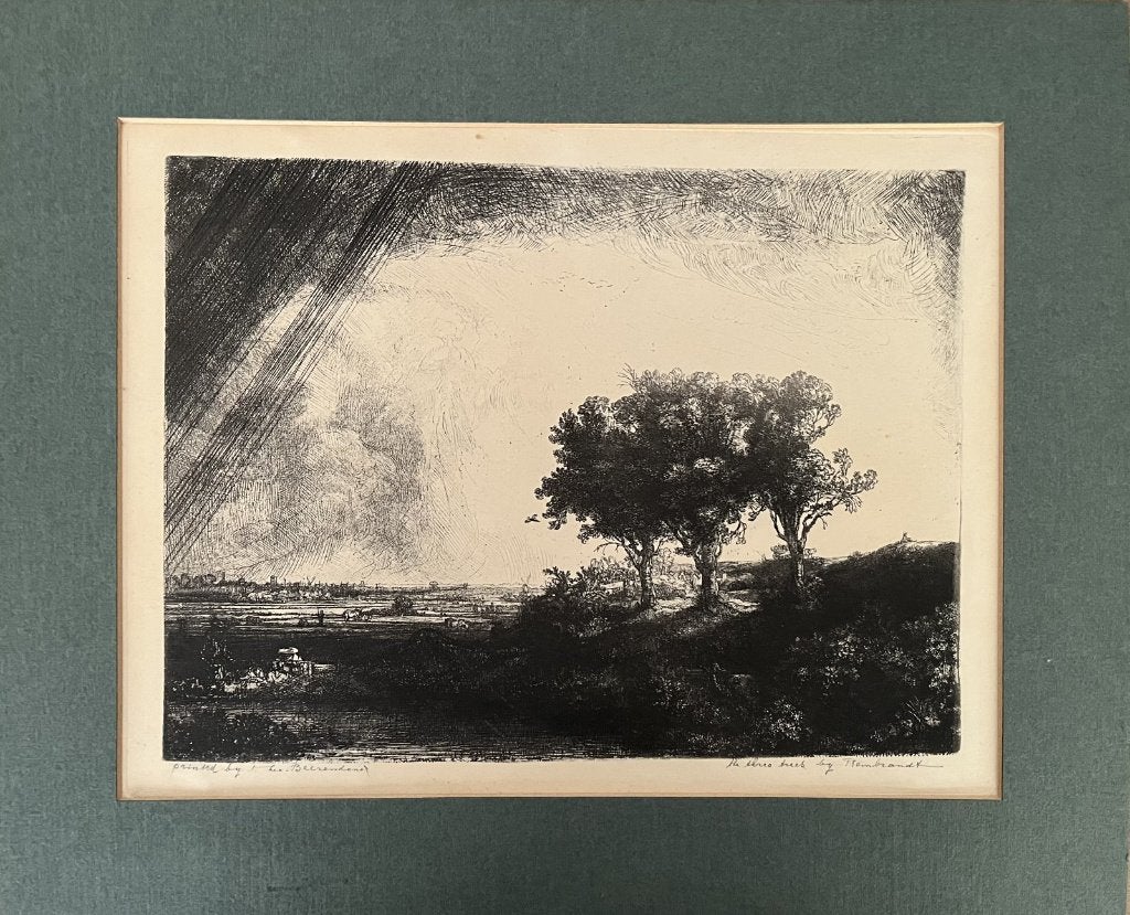 Rembrandt ‘the three trees' afdruk van originele etsplaat, 34 cm, 27 cm, Gesigneerd, Landschap
