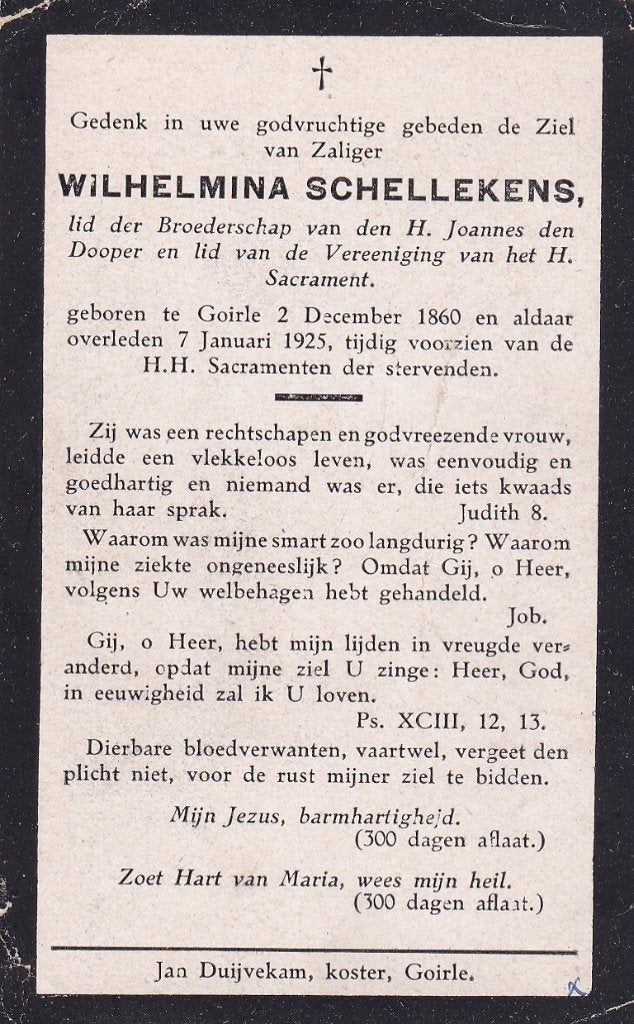 Schellekens Wilhelmina 1860 Goirle 1925, Ophalen of Verzenden, Bidprentje