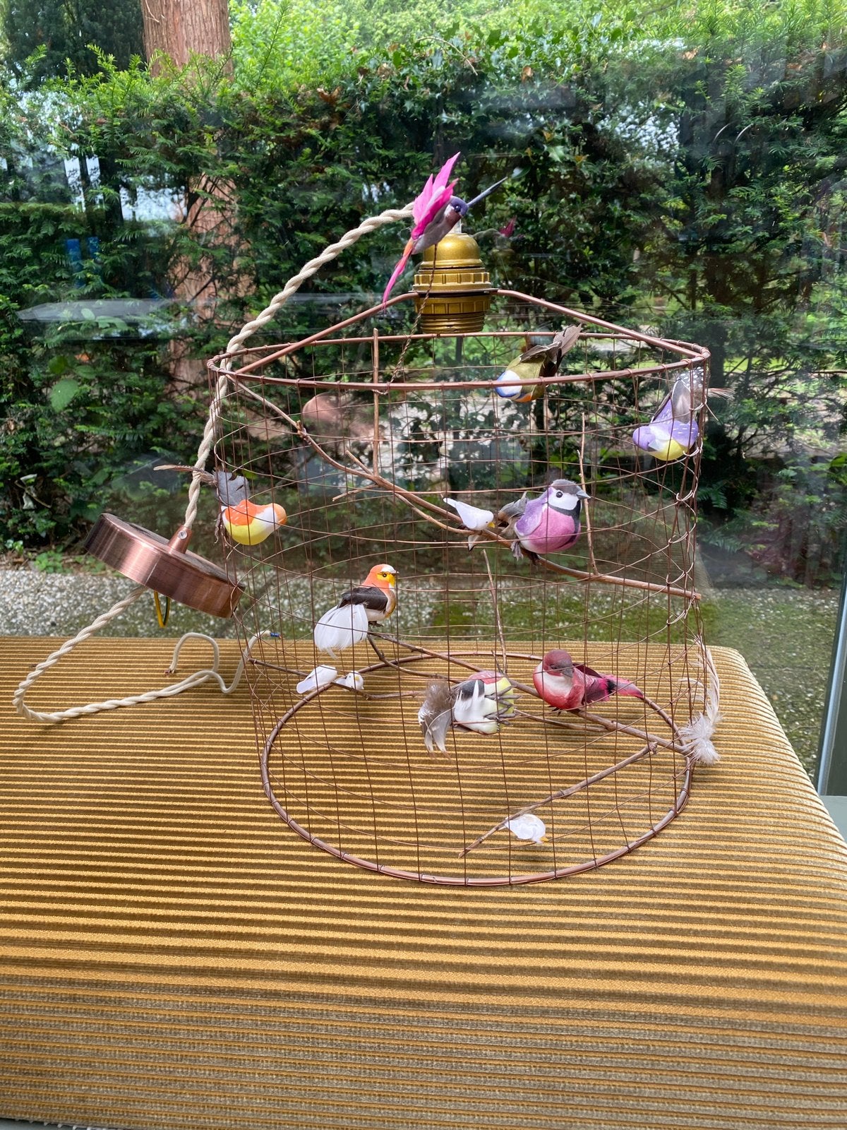 Rose gouden hanglamp met vogels, Ophalen, Overige materialen, E27 (groot), Zo goed als nieuw