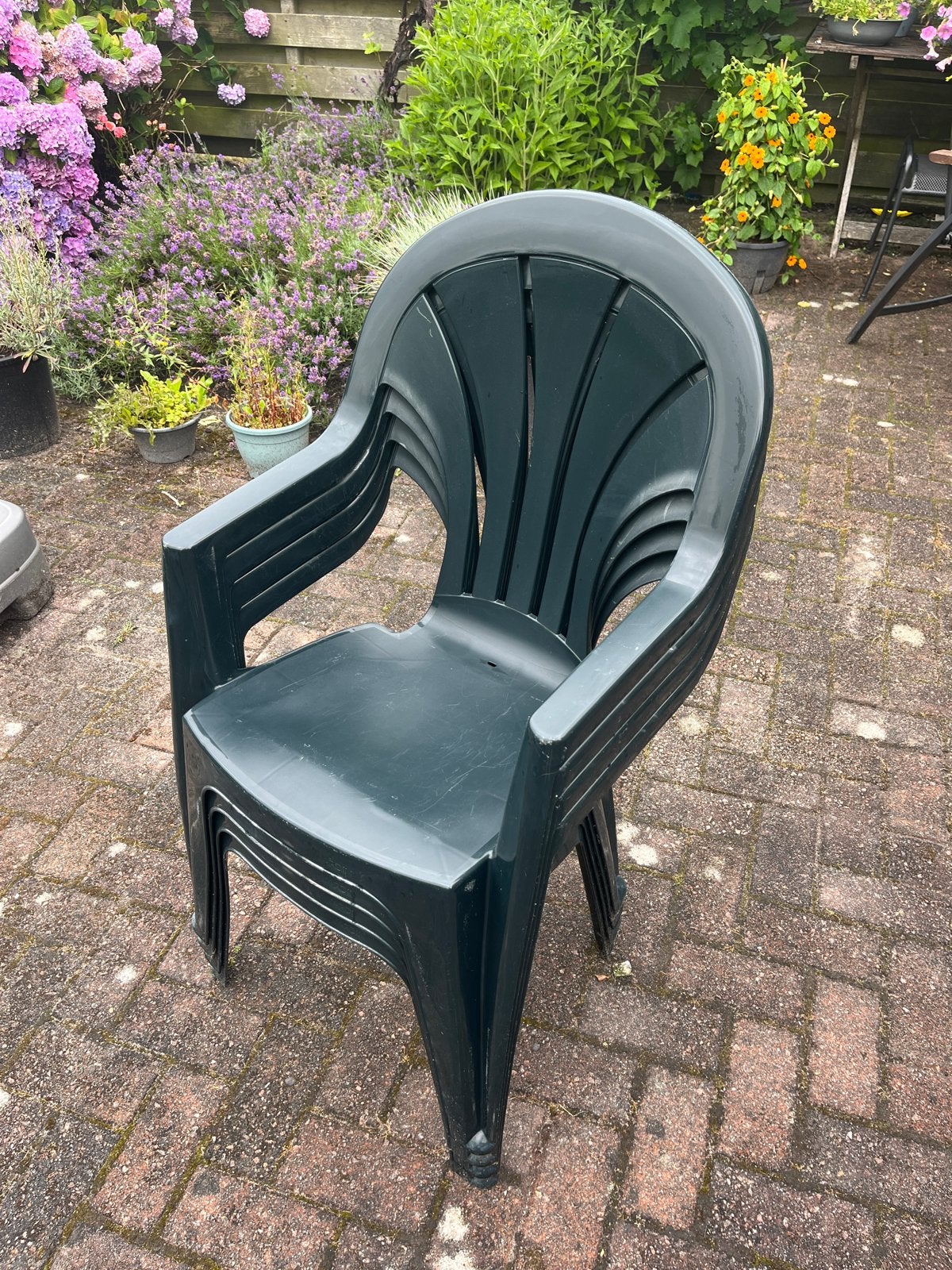 Stapelbare Tuinstoelen - Donkergroen Plastic, Tuin en Terras, Tuinstoelen, Ophalen, Gebruikt, Plastic, Stapelbaar