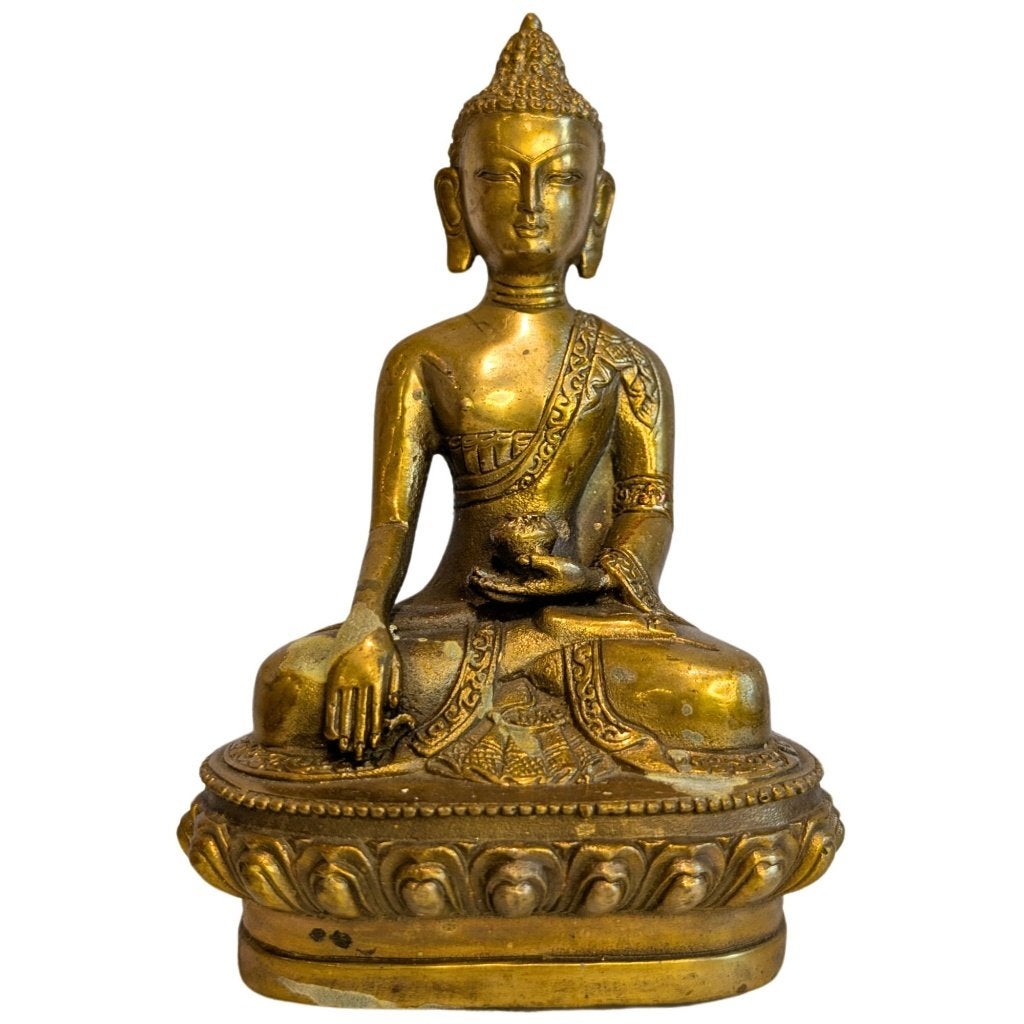Bronzen Medicijn Boeddha Bhaisajyaguru – Nepal – 126, Gebruikt, 16 cm, Ophalen of Verzenden, Goud