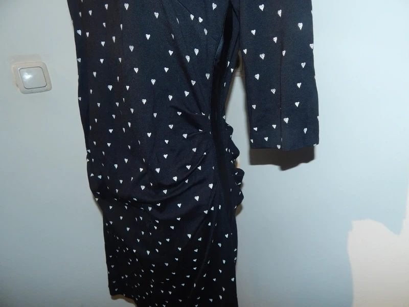 Marccain zwarte jurk witte hartjes print gesmockt zijkanten6, Kleding | Dames, Verzenden, Zwart, Maat 42/44 (L), Zo goed als nieuw