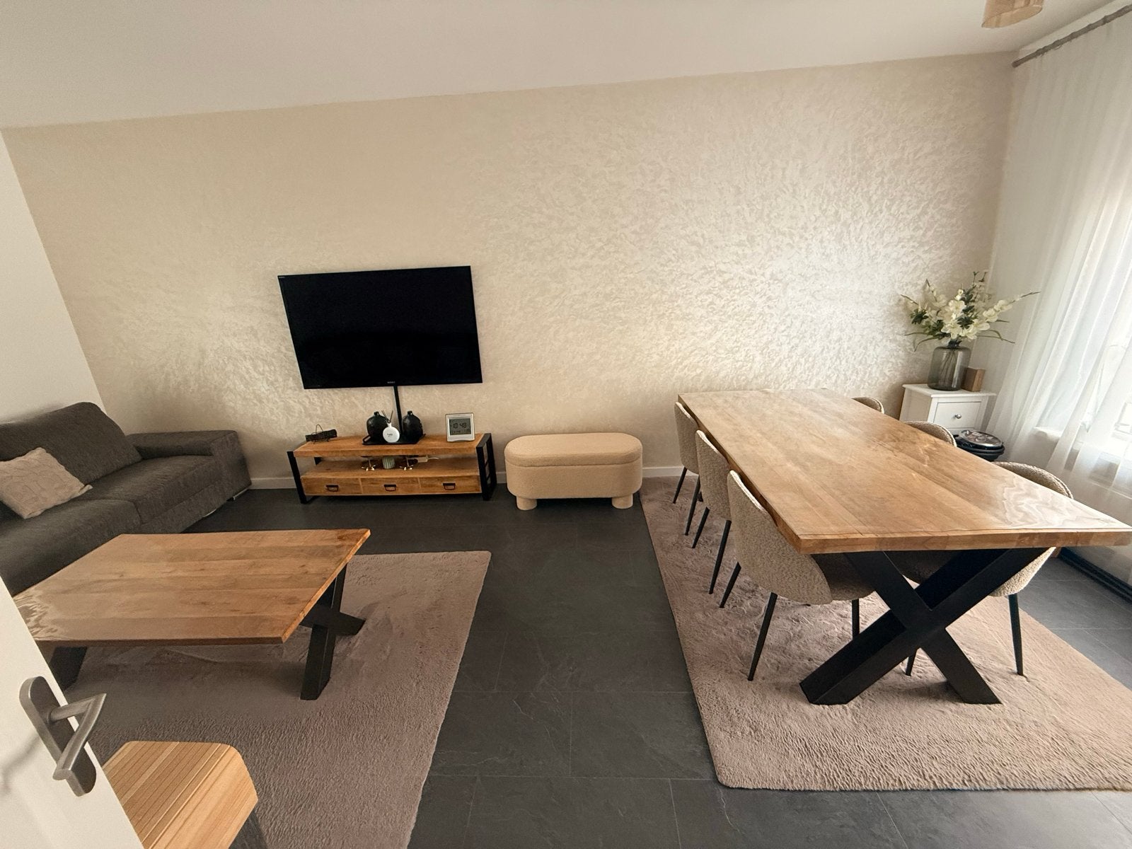 Salontafel + eetafel en TV-meubel van mangohout, Ophalen, 100 tot 150 cm, Zo goed als nieuw, 150 tot 200 cm