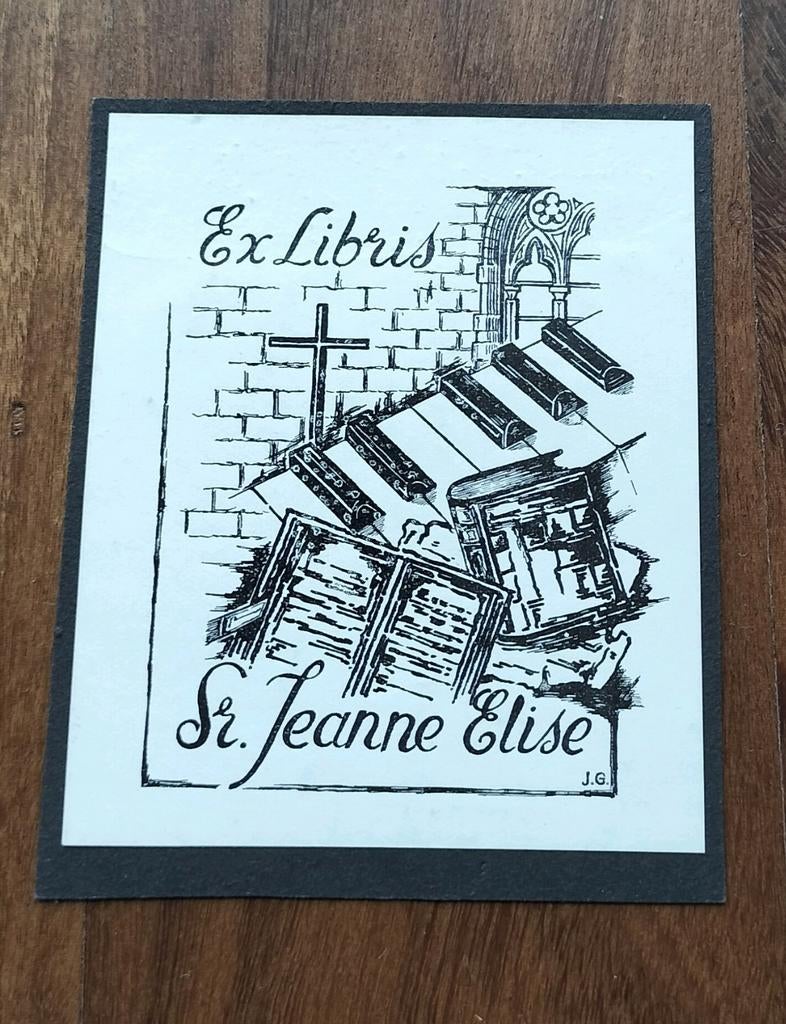 Exlibris Sr. Jeanne Elise (religieuze symbolen, muziek), Ophalen of Verzenden