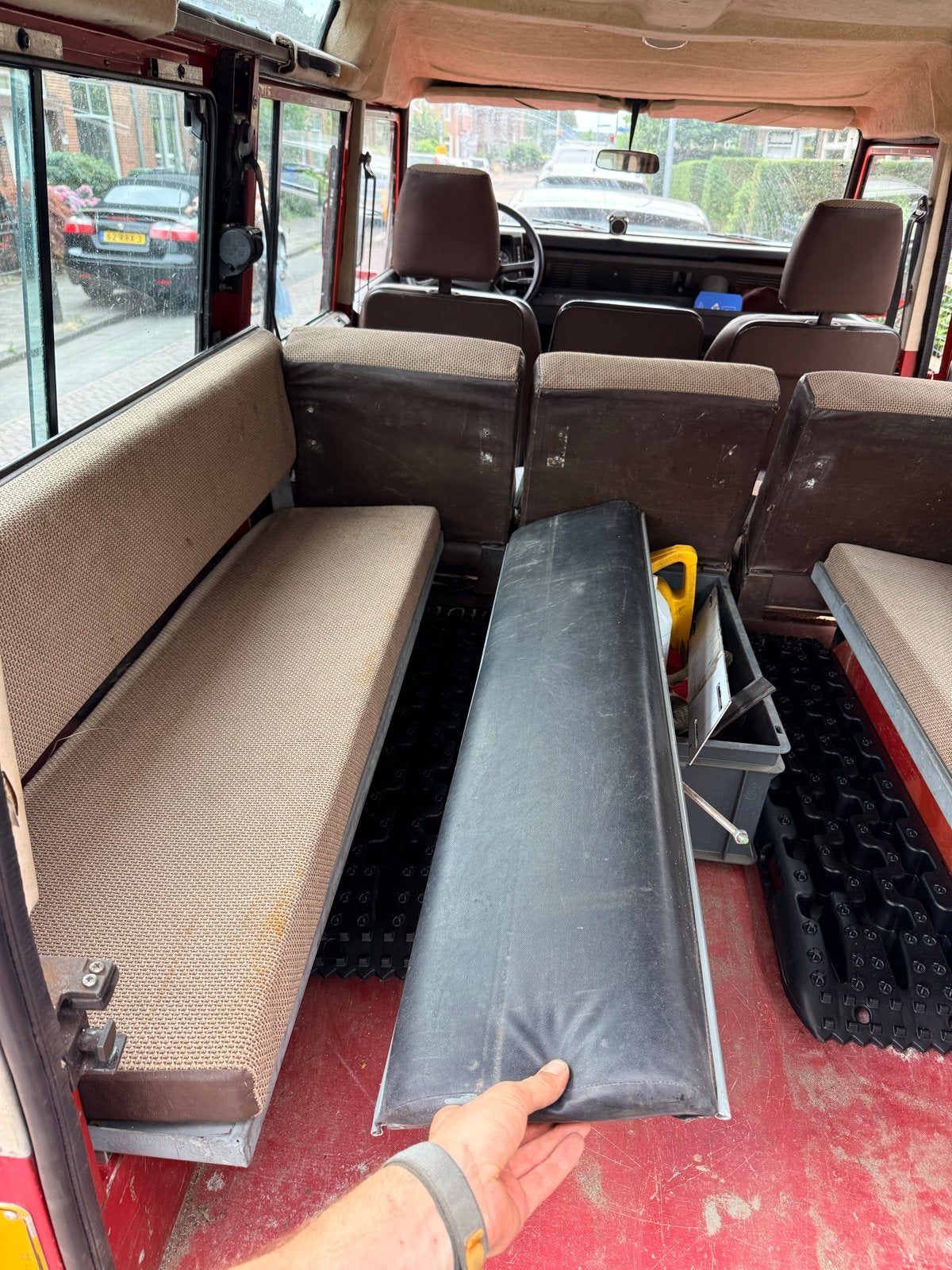 Land Rover Defender 110 rugkussen set lange banken 120cm, Auto-onderdelen, Interieur en Bekleding, Land Rover, Gebruikt, Ophalen