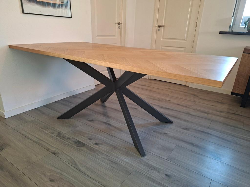 visgraat eikenblad tafel met spinpoot, Ophalen, 100 tot 150 cm, Eikenhout, 200 cm of meer