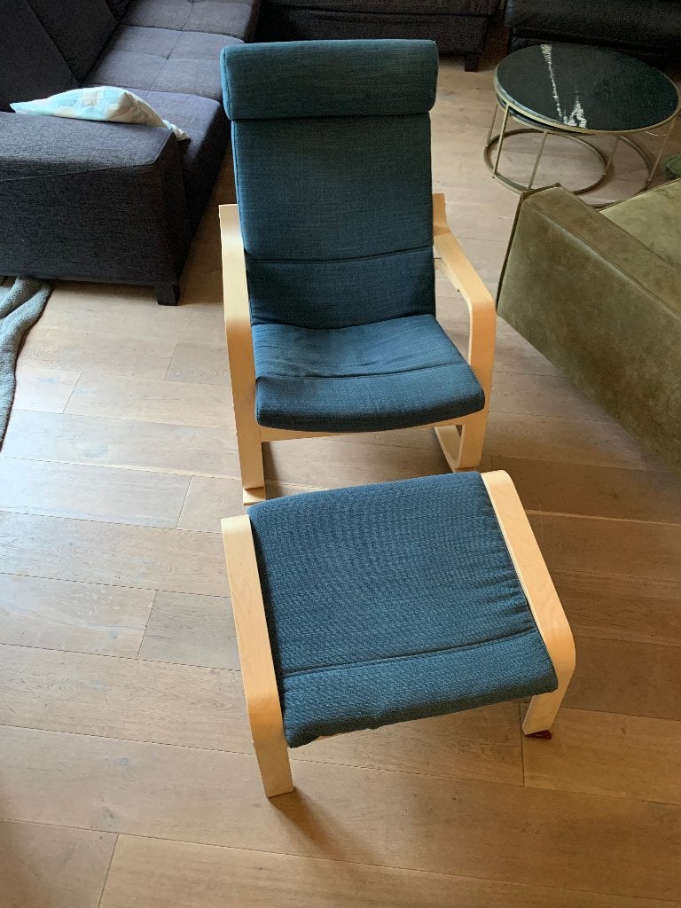 Ikea Poäng schommelstoel met voetenbankje - ideaal voor baby, Ophalen, Modern, Comfortabel, Scandinavisch, 75 tot 100 cm, Zo goed als nieuw