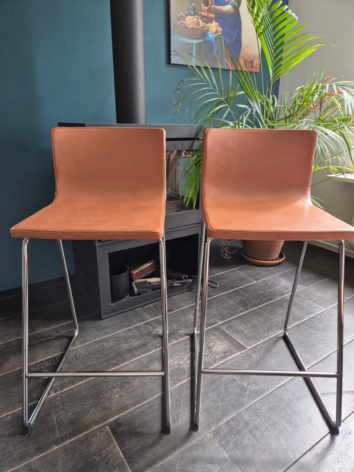 Bar stoelen IKEA Bernhard leer cognac, Huis en Inrichting, Barkrukken, Ophalen, 60 tot 90 cm, Zo goed als nieuw, Leer