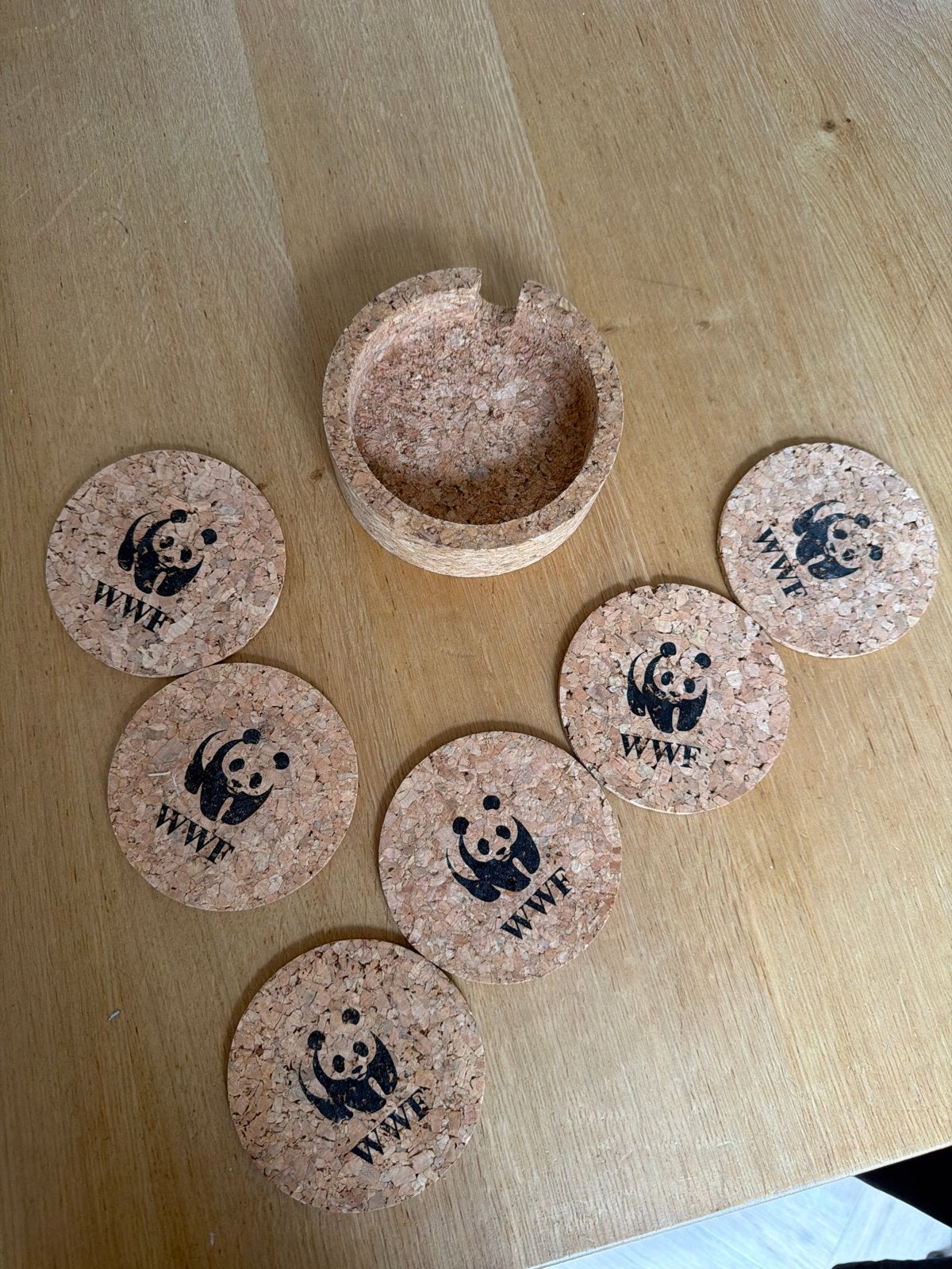 WWF kurken onderzetters met houder - 6 stuks, Ophalen, Gebruikt, Kurk, Glasonderzetter