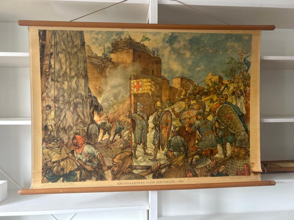 Vintage Schoolplaat Kruisvaarders voor Jeruzalem 1099, Antiek en Kunst, Ophalen, Geschiedenis