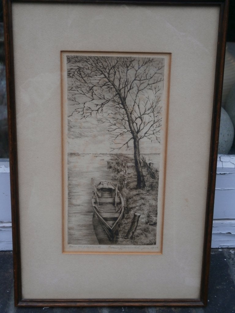 Frank IJSSERINCKHUISEN, Mooie ets Roeiboot op de Plas, Antiek en Kunst, Ophalen, Ets