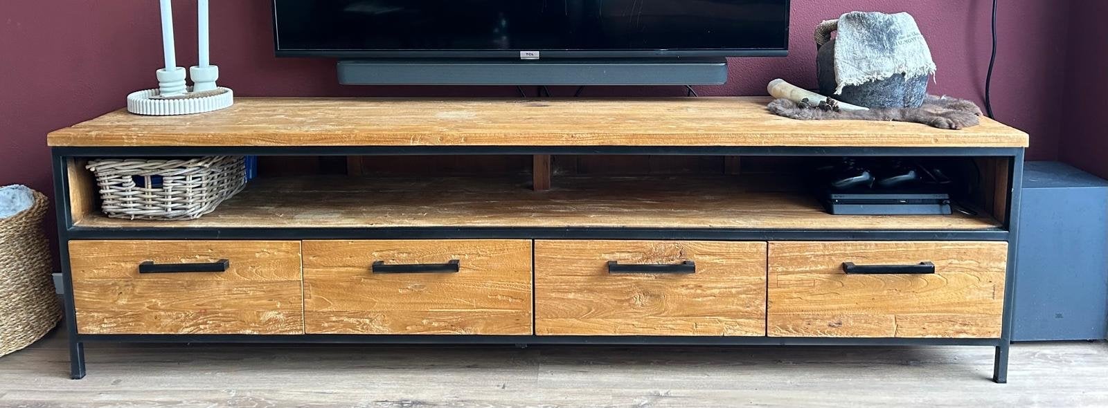 TV-meubel Romaro - Stoer en Robuust Teakhout met Stalen Fram, Ophalen, Gebruikt, Teakhout, 200 cm of meer
