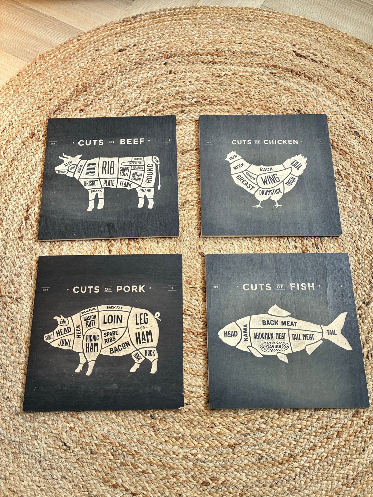 Set van 4 houten wanddecoraties 'Cuts of Meat', Huis en Inrichting, Hout, Zwart, Ophalen of Verzenden, Zo goed als nieuw