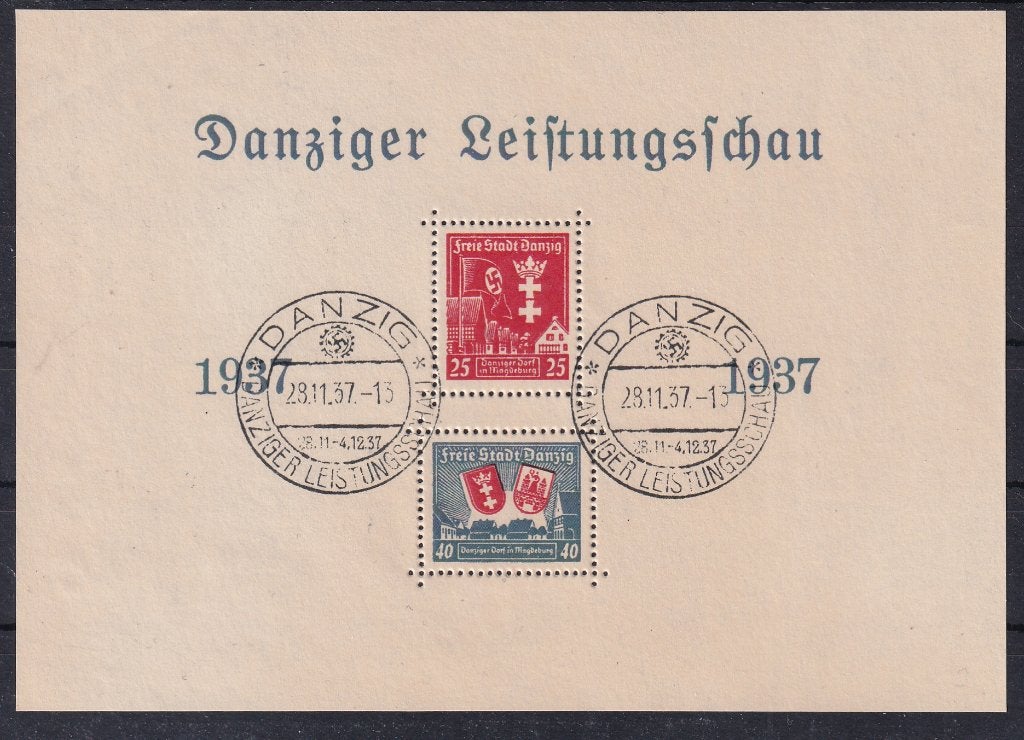 D208) 1937 Danzig blok 5 €500 lichte vouw geen garantie, Verzenden, Duitse Keizerrijk, Gestempeld