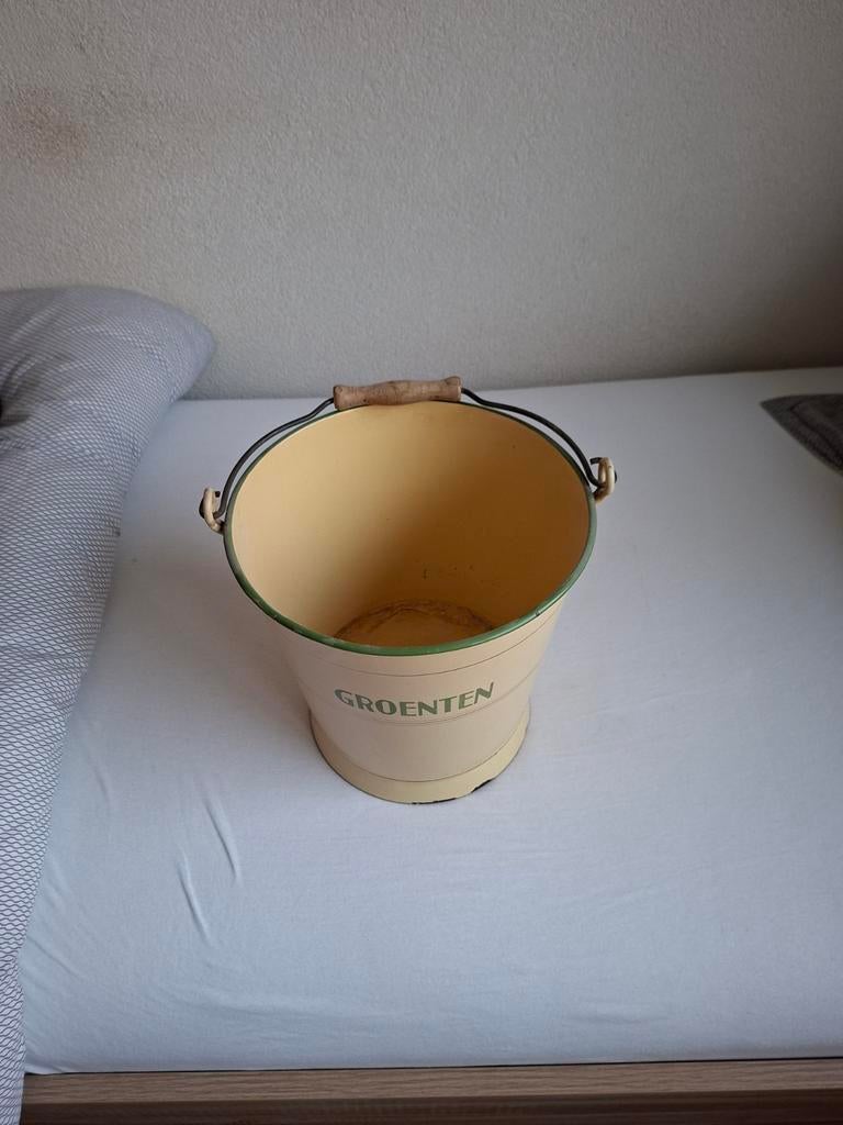 Vintage Gele Emaille Groenten Emmer met Houten Handvat, Verzenden