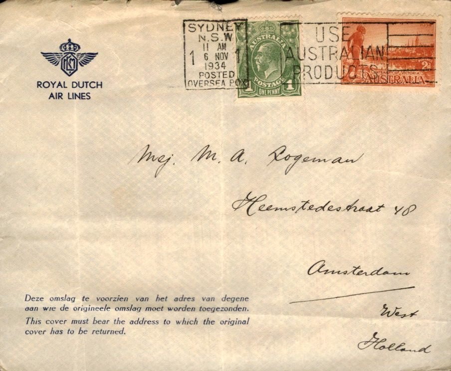 KLM - Australië - Amsterdam - 1934, Ophalen of Verzenden, Envelop