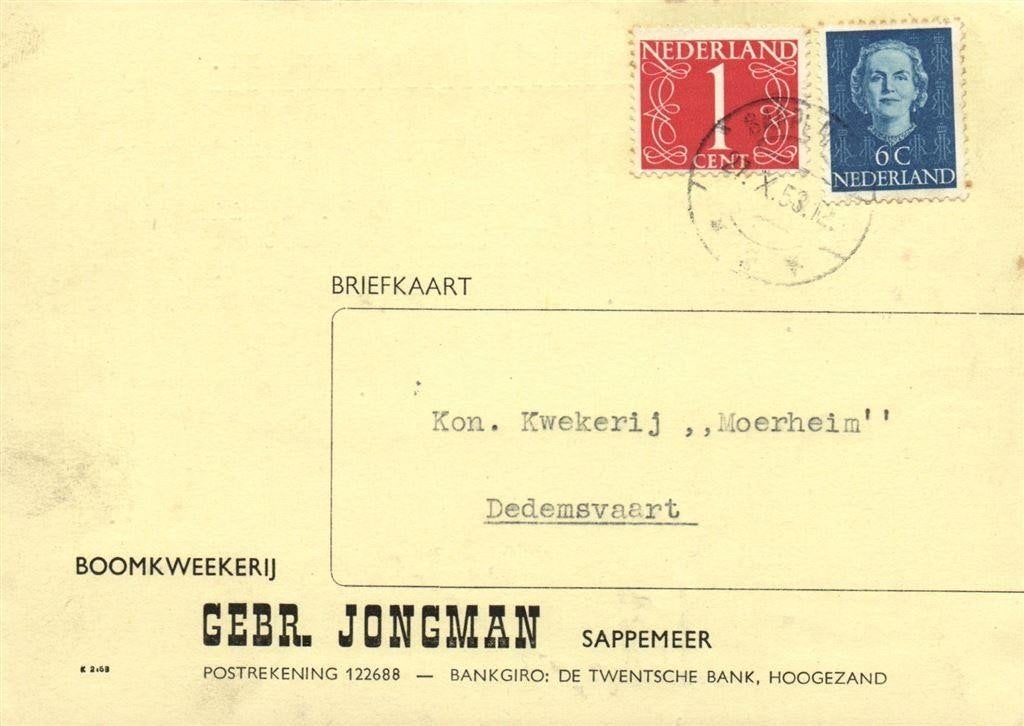 Gebr. Jongman, Sappemeer - 10.1953 - briefkaart, Ophalen of Verzenden, Briefkaart