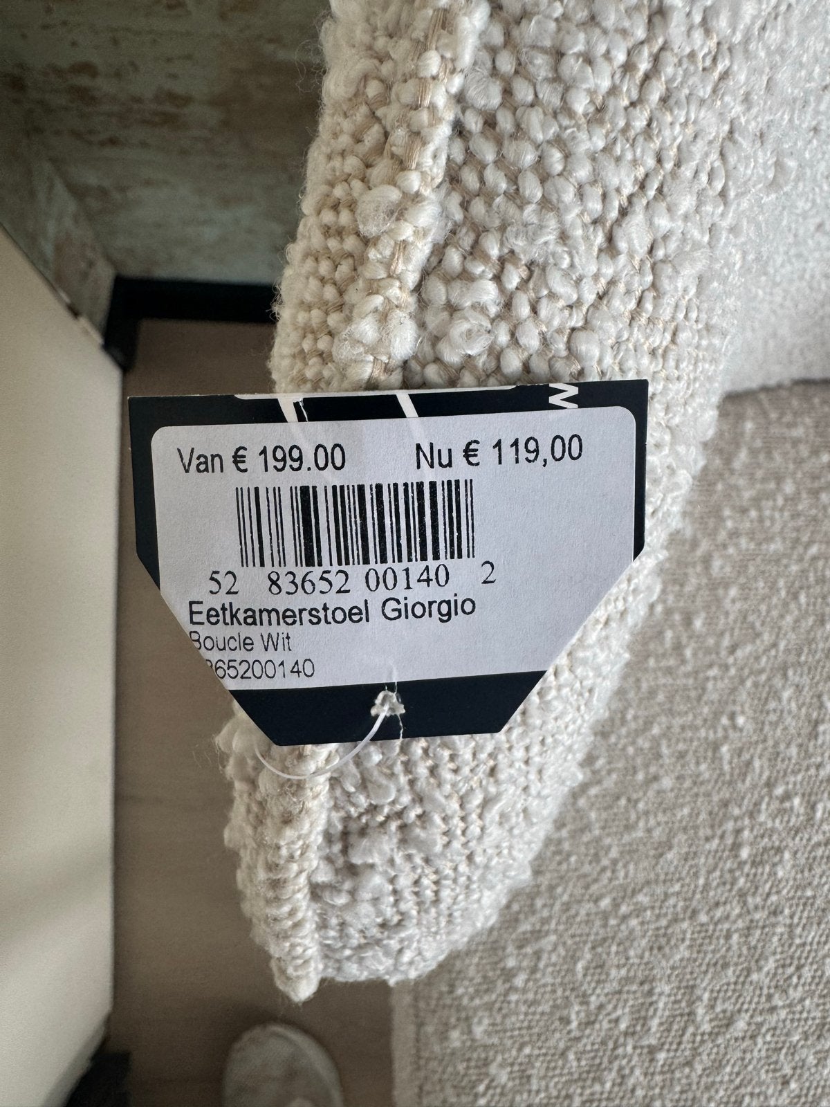 Eetkamerstoel Giorgio Boucle Wit - Nieuw, Huis en Inrichting, Stoelen, Ophalen, Wit, Nieuw, Eén