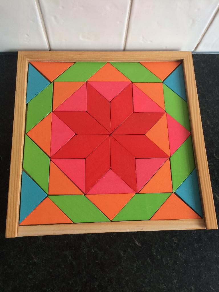 Houten mozaiek mosaiek in schuifdoos met voorbeeld, 10 tot 50 stukjes, Ophalen of Verzenden, Zo goed als nieuw, Van hout