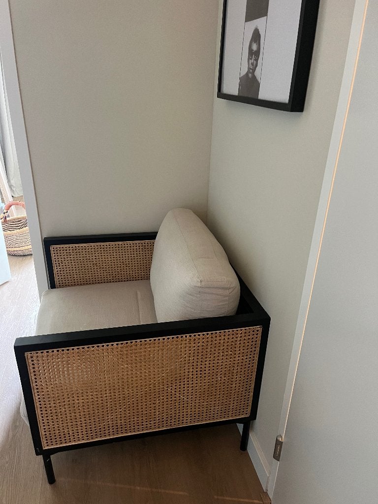 Webbinh fauteuil Moon Karwei in zwart/naturel., Huis en Inrichting, Stoelen, Ophalen, Zwart, Zo goed als nieuw, Eén