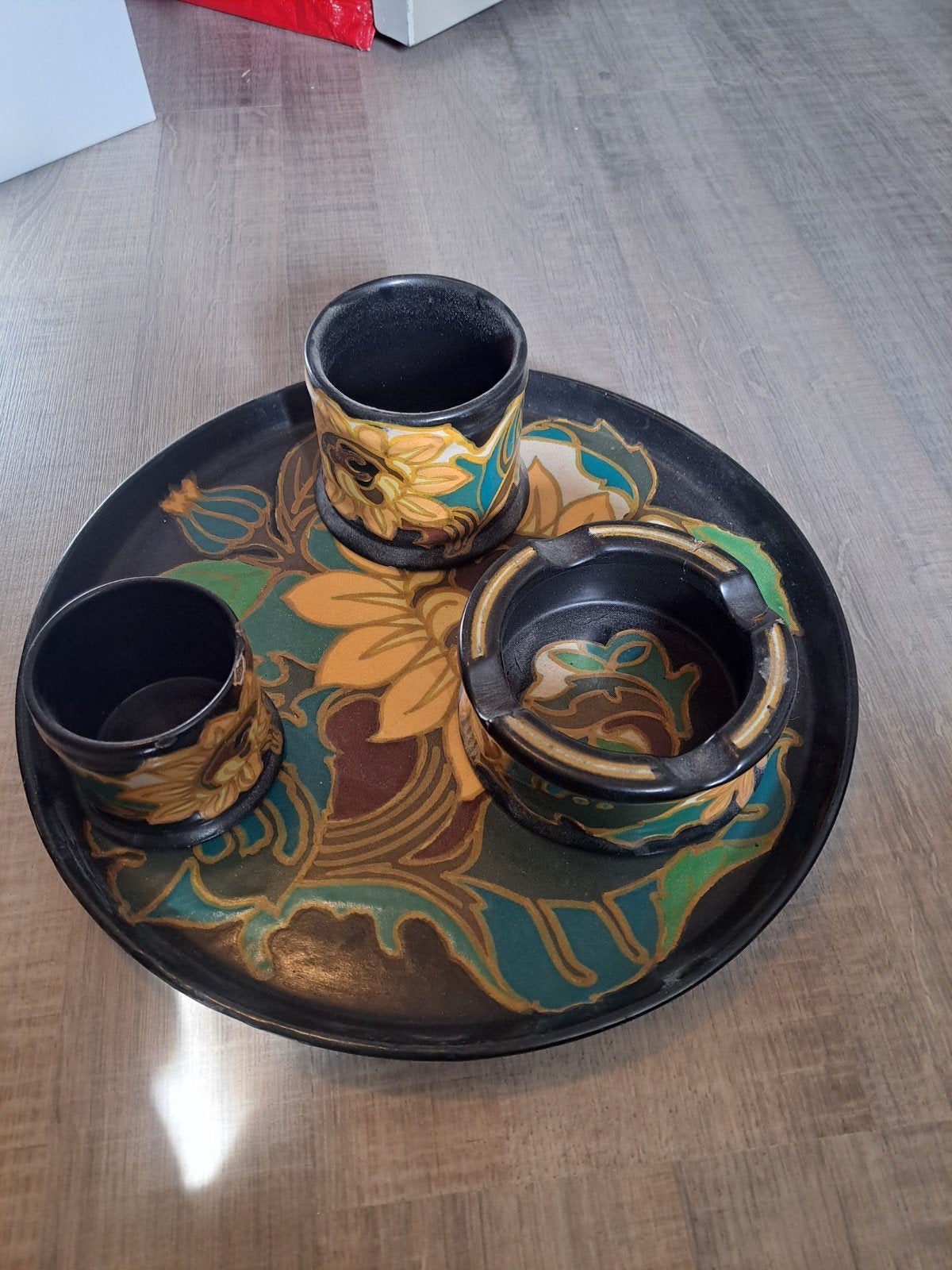 Vintage Aardewerk Set - Dienblad, Asbak, Bekers, Ophalen of Verzenden