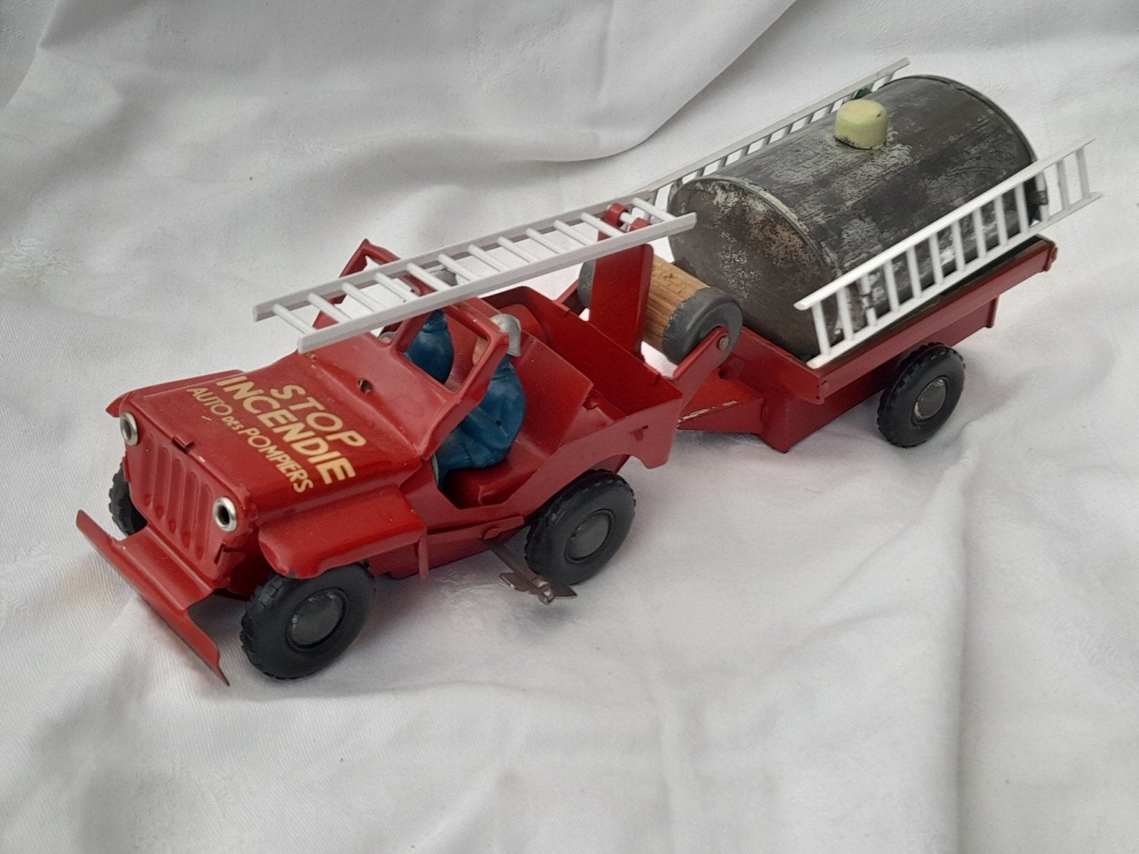 Joyax Vintage blikken brandweerauto met aanhanger, Ophalen of Verzenden
