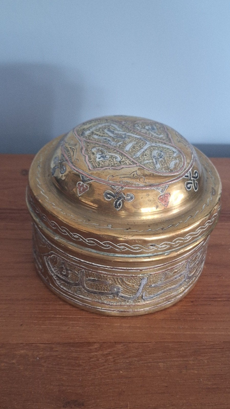 Antieke messing sieradendoos met ingelegde decoratie, Ophalen of Verzenden
