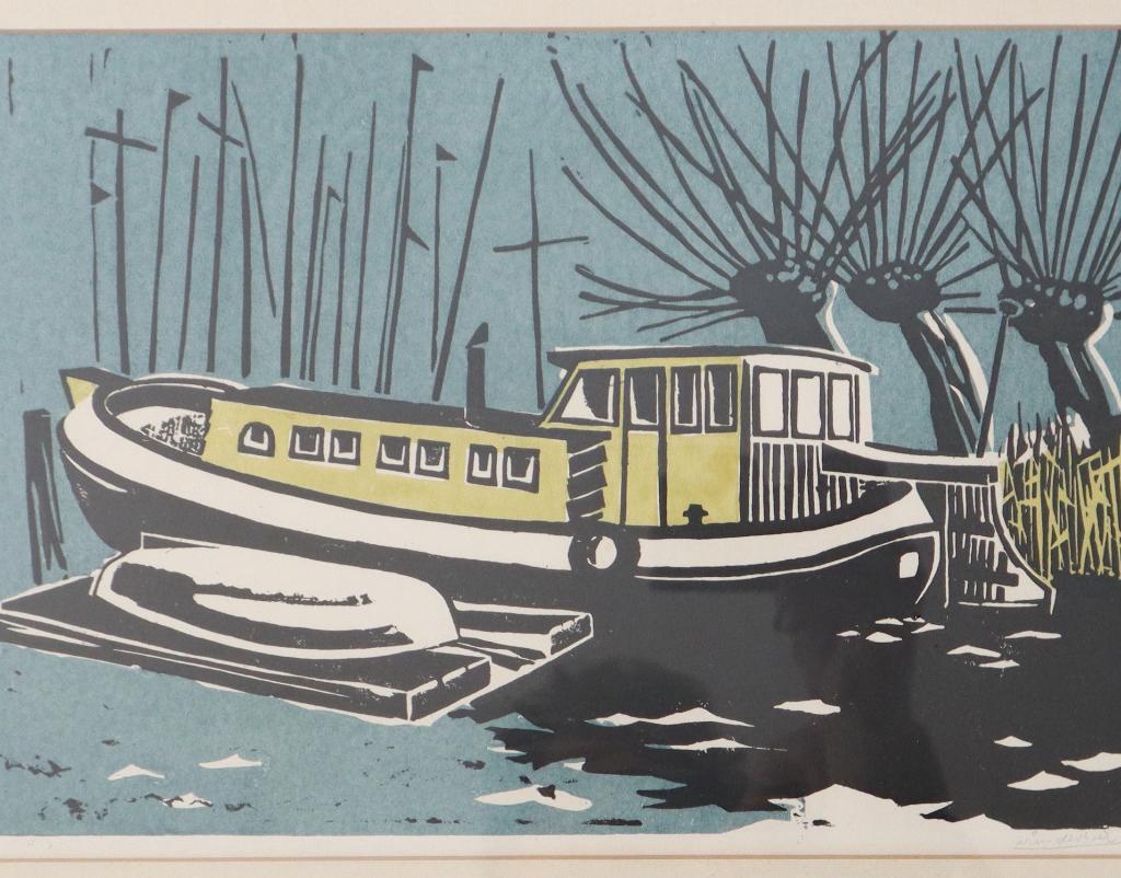 Vintage linosnede van een boot, Ophalen of Verzenden